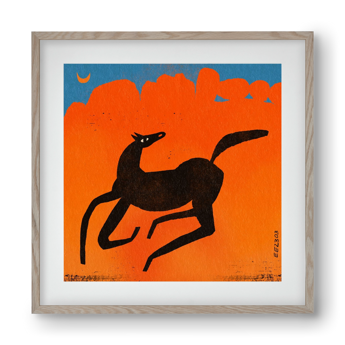 Black horse under the moon , 40x40 cm (30x30 cm), Tölgy keret, paszpartuval