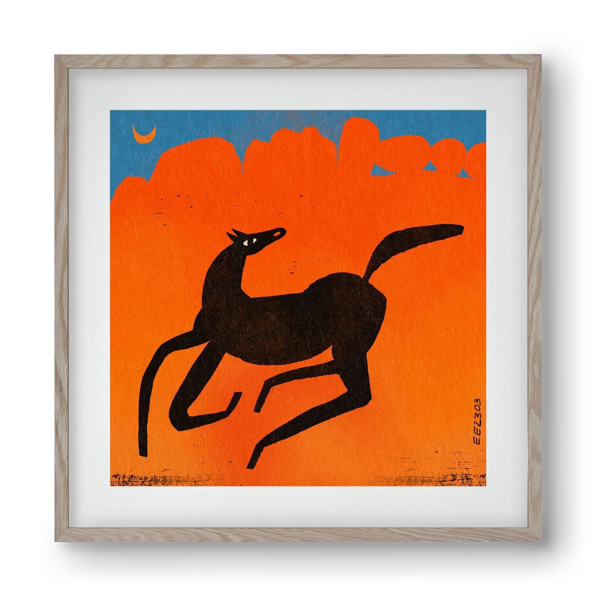 Black horse under the moon , 40x40 cm (30x30 cm), Tölgy keret, paszpartuval