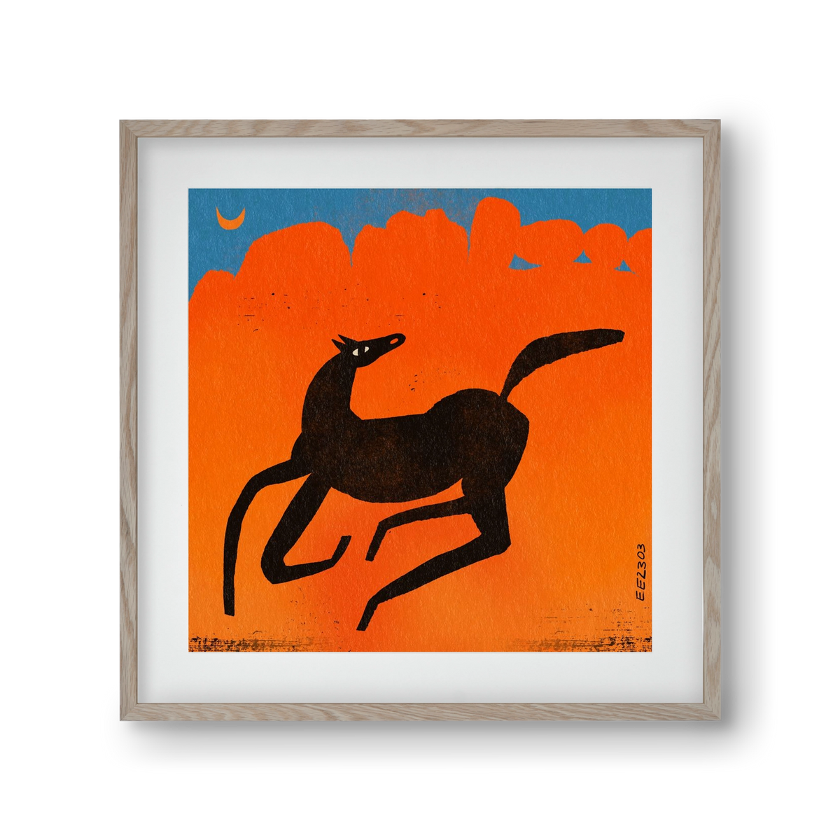 Black horse under the moon , 30x30 cm (20x20 cm), Tölgy keret, paszpartuval