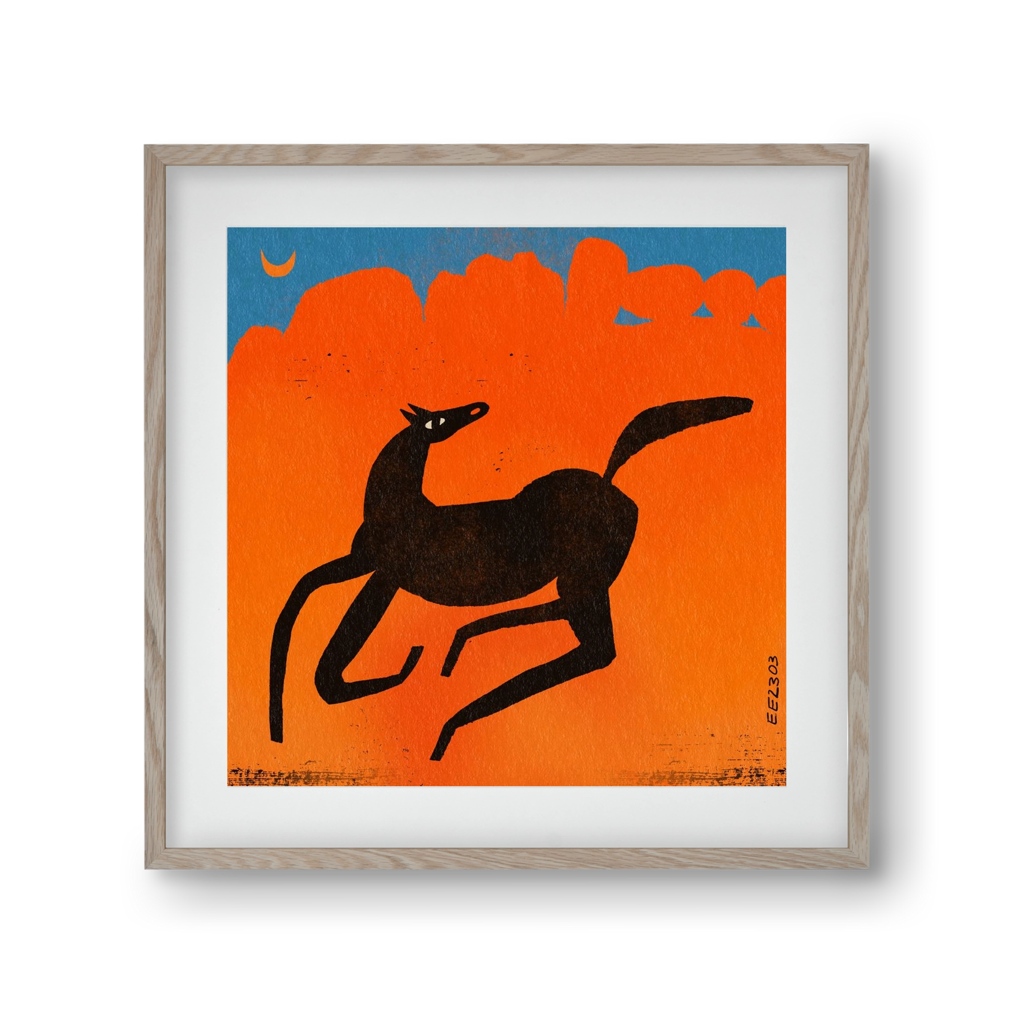 Black horse under the moon , 30x30 cm (20x20 cm), Tölgy keret, paszpartuval