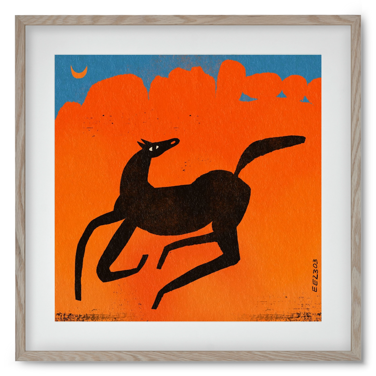 Black horse under the moon , 50x50 cm (40x40 cm), Tölgy keret, paszpartuval