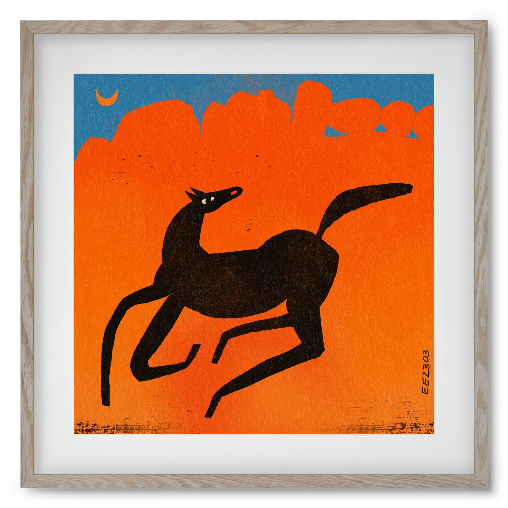 Black horse under the moon , 50x50 cm (40x40 cm), Tölgy keret, paszpartuval