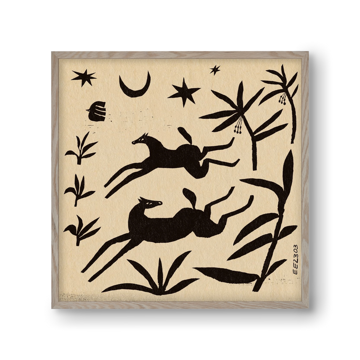 Black papercut horse composition , 30x30 cm (30x30 cm), Tölgy keret