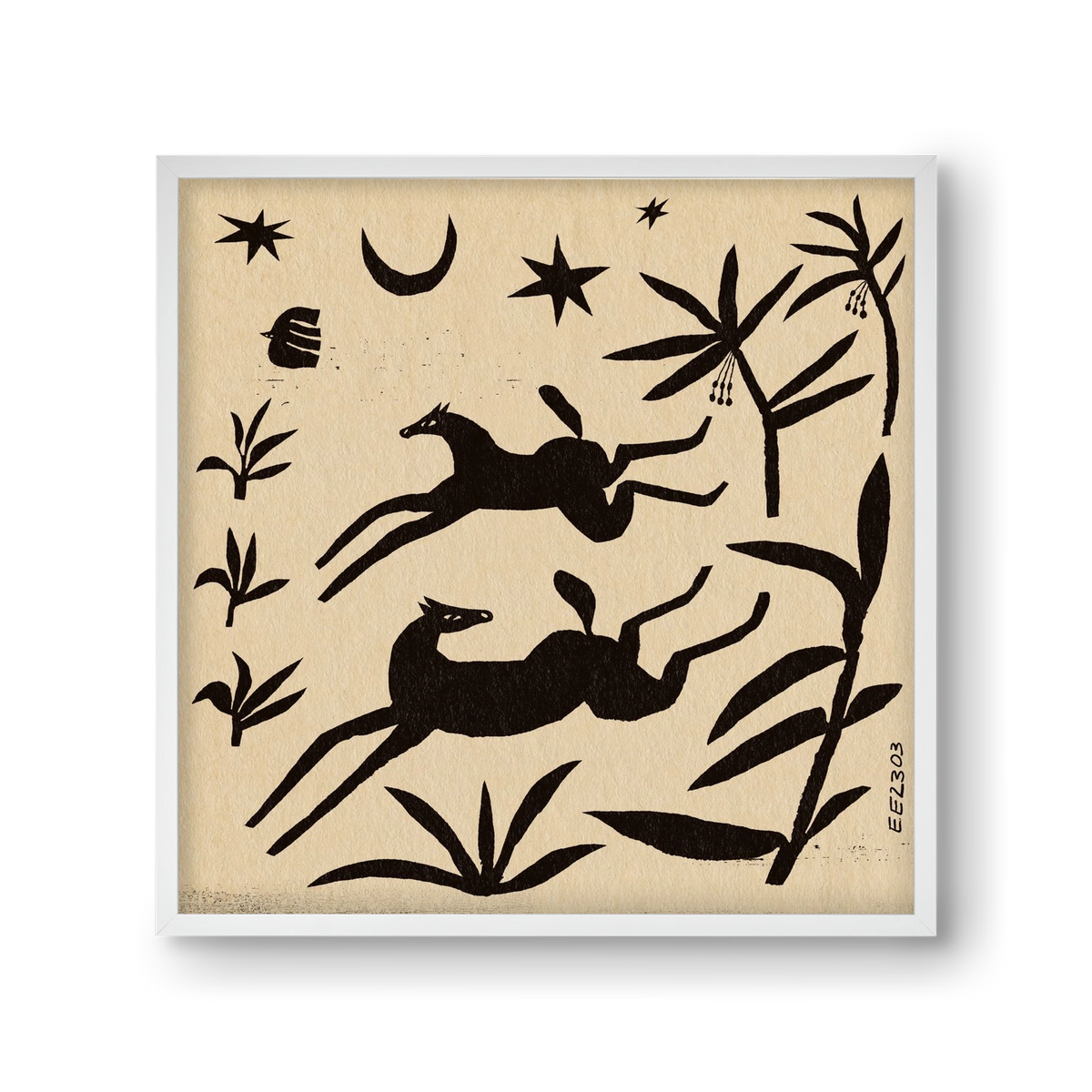 Black papercut horse composition , 30x30 cm (30x30 cm), Fehér keret