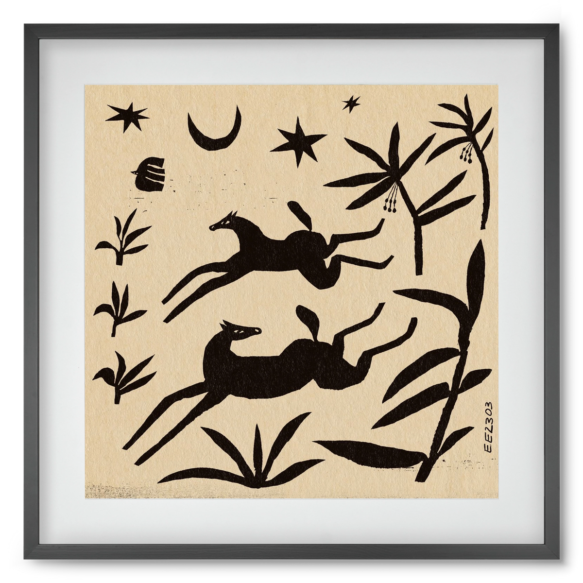 Black papercut horse composition , 50x50 cm (40x40 cm), Fekete keret, paszpartuval