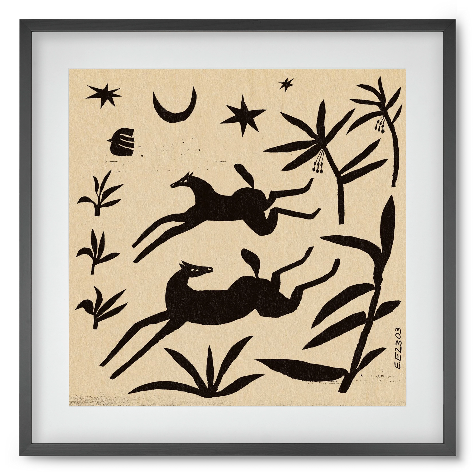 Black papercut horse composition , 50x50 cm (40x40 cm), Fekete keret, paszpartuval