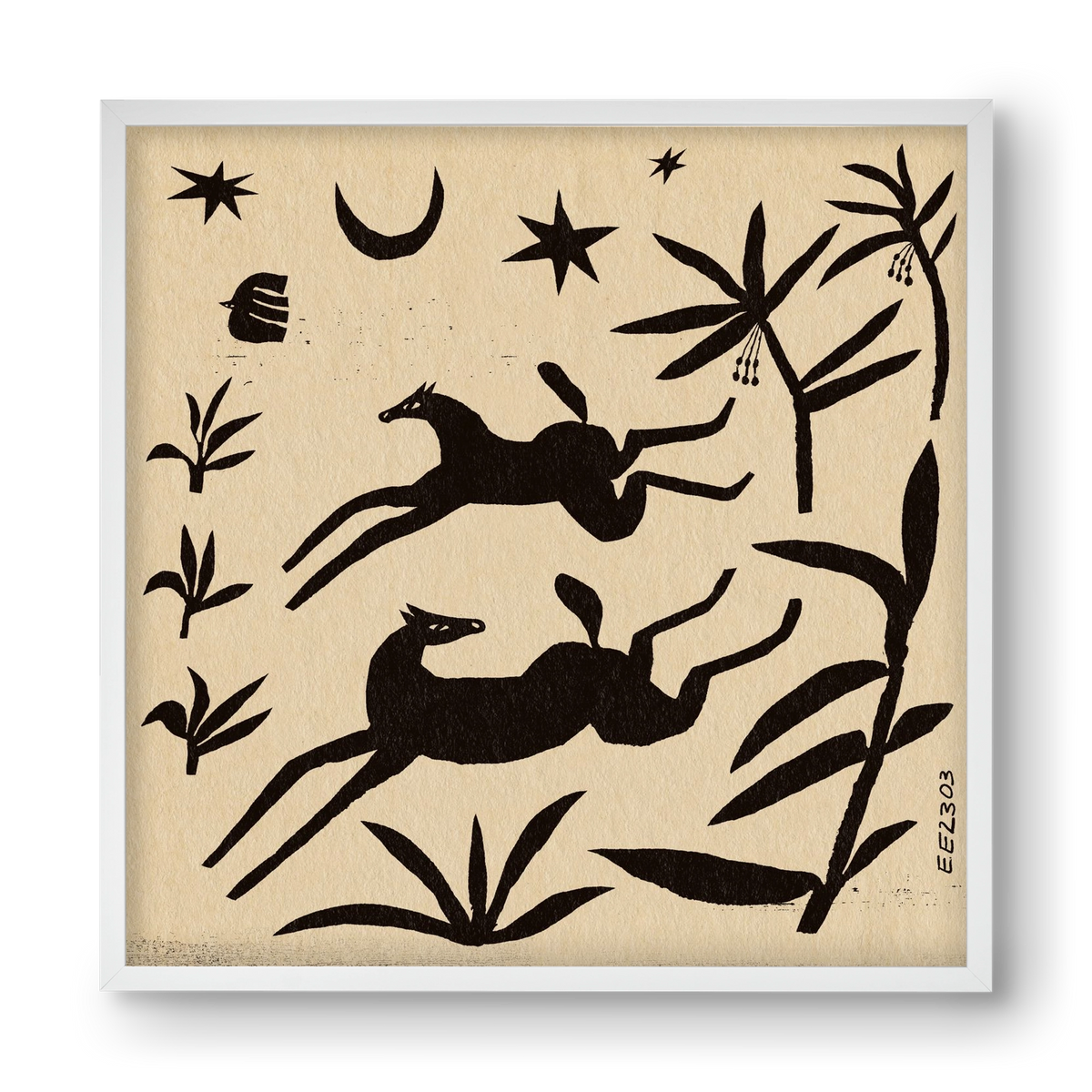 Black papercut horse composition , 40x40 cm (40x40 cm), Fehér keret