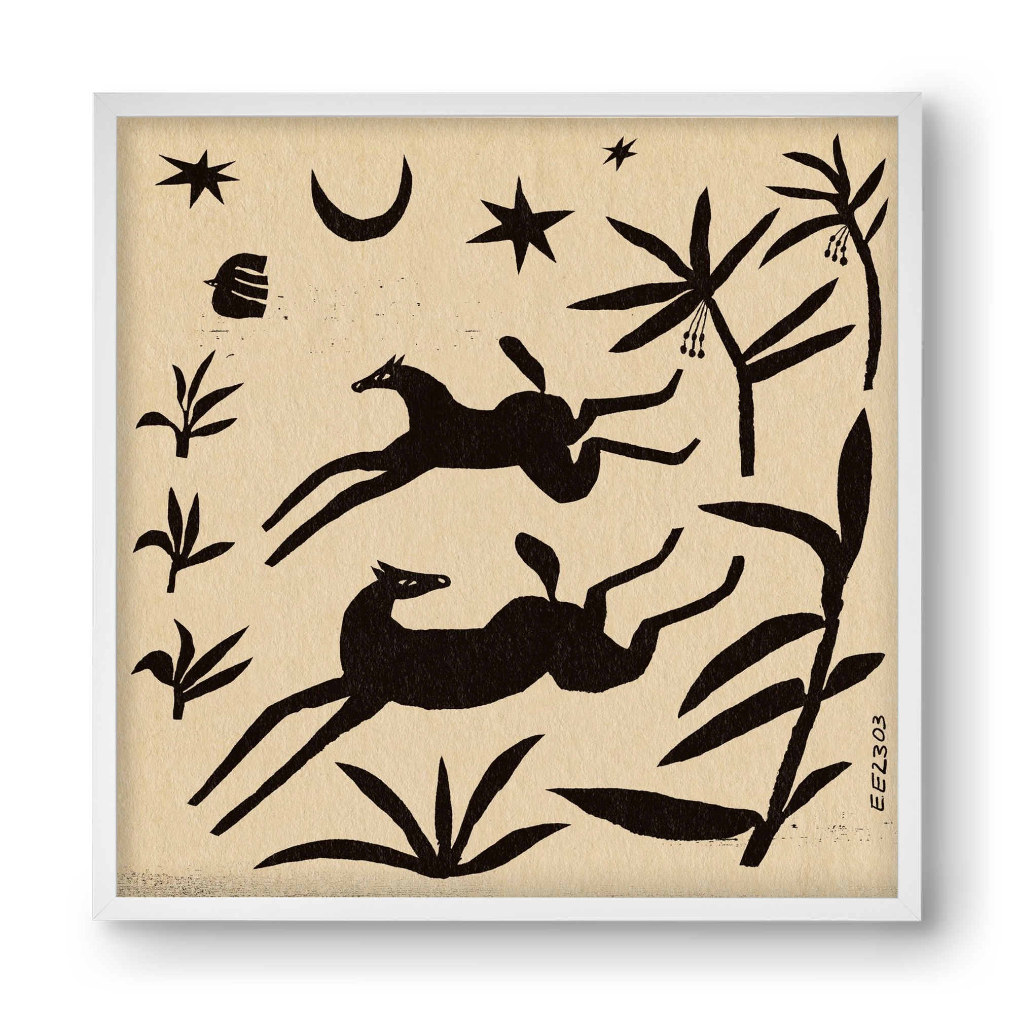 Black papercut horse composition , 40x40 cm (40x40 cm), Fehér keret