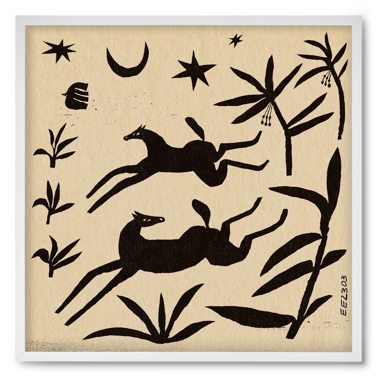 Black papercut horse composition , 50x50 cm (50x50 cm), Fehér keret