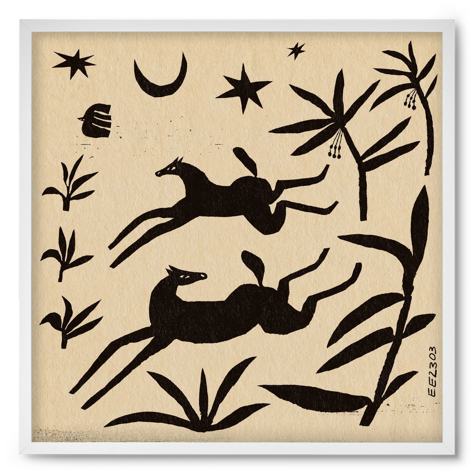 Black papercut horse composition , 50x50 cm (50x50 cm), Fehér keret