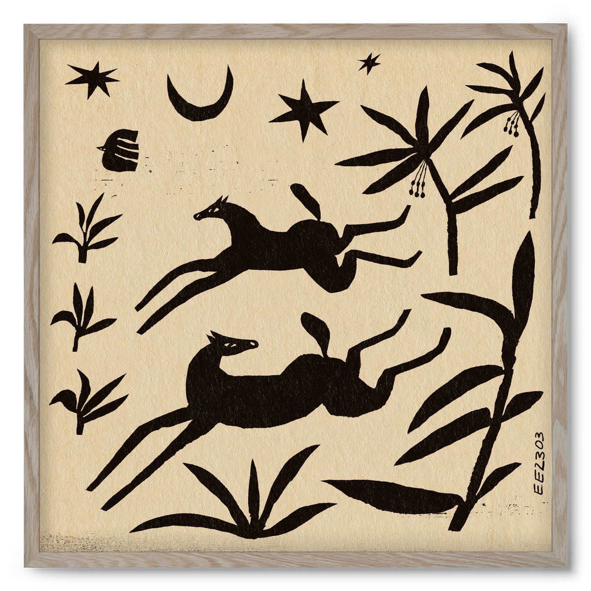 Black papercut horse composition , 50x50 cm (50x50 cm), Tölgy keret