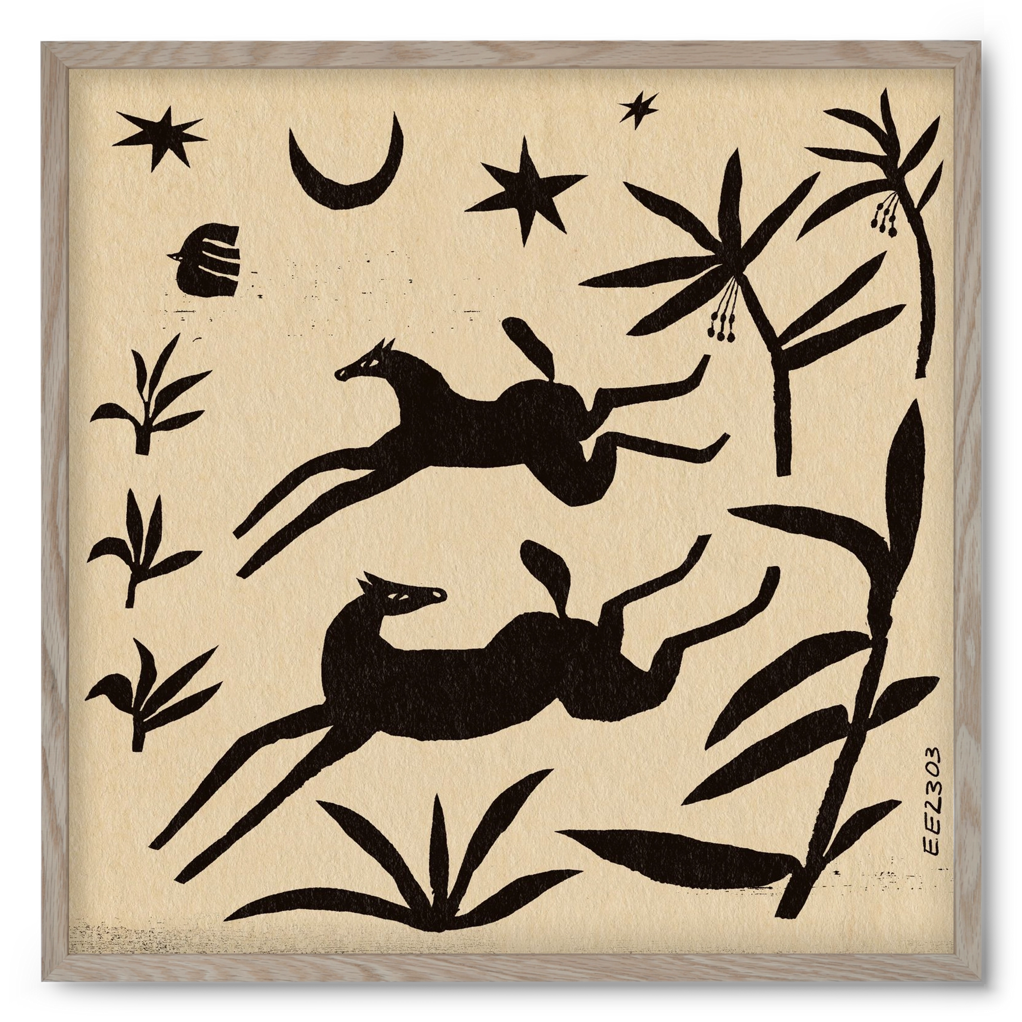 Black papercut horse composition , 50x50 cm (50x50 cm), Tölgy keret