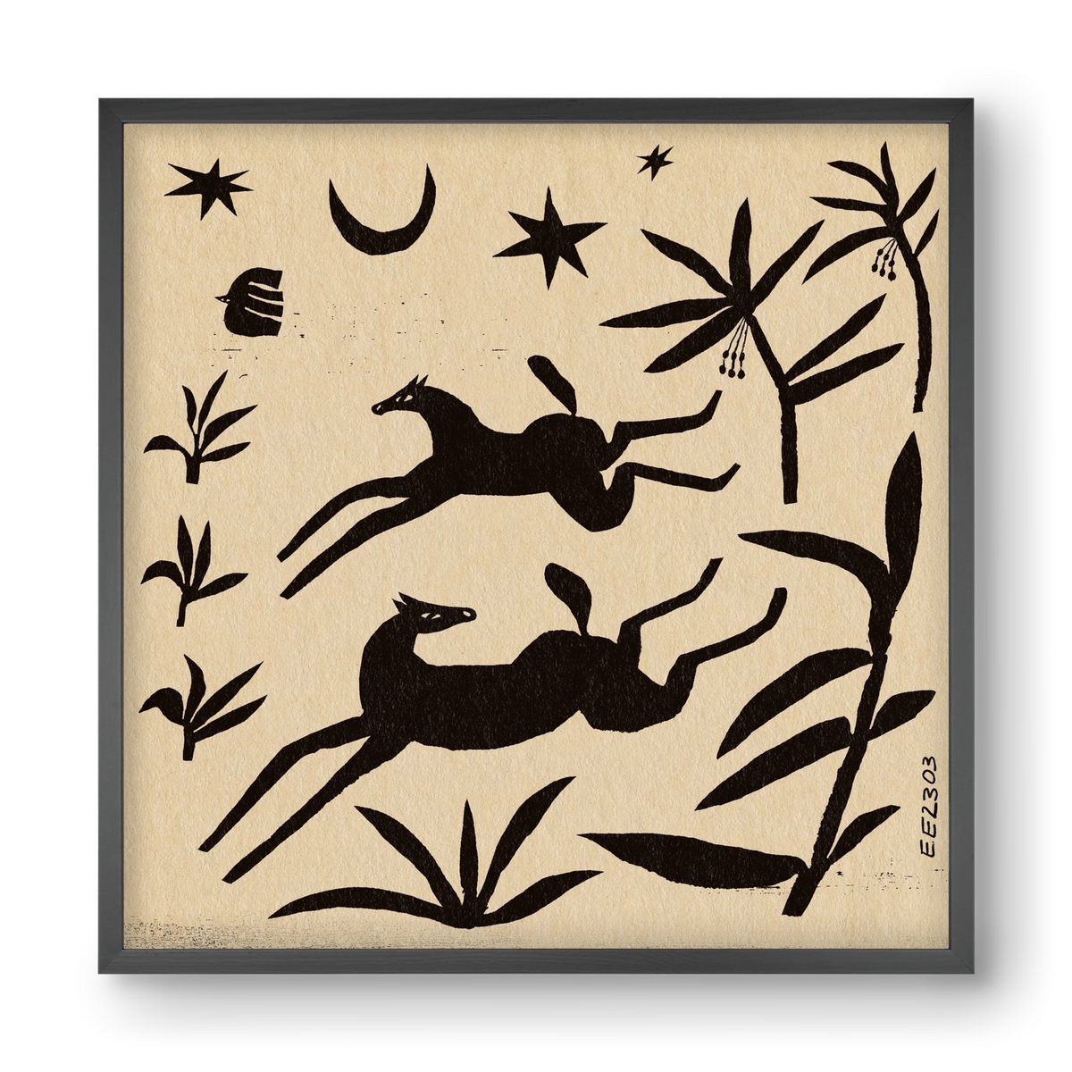 Black papercut horse composition , 40x40 cm (40x40 cm), Fekete keret