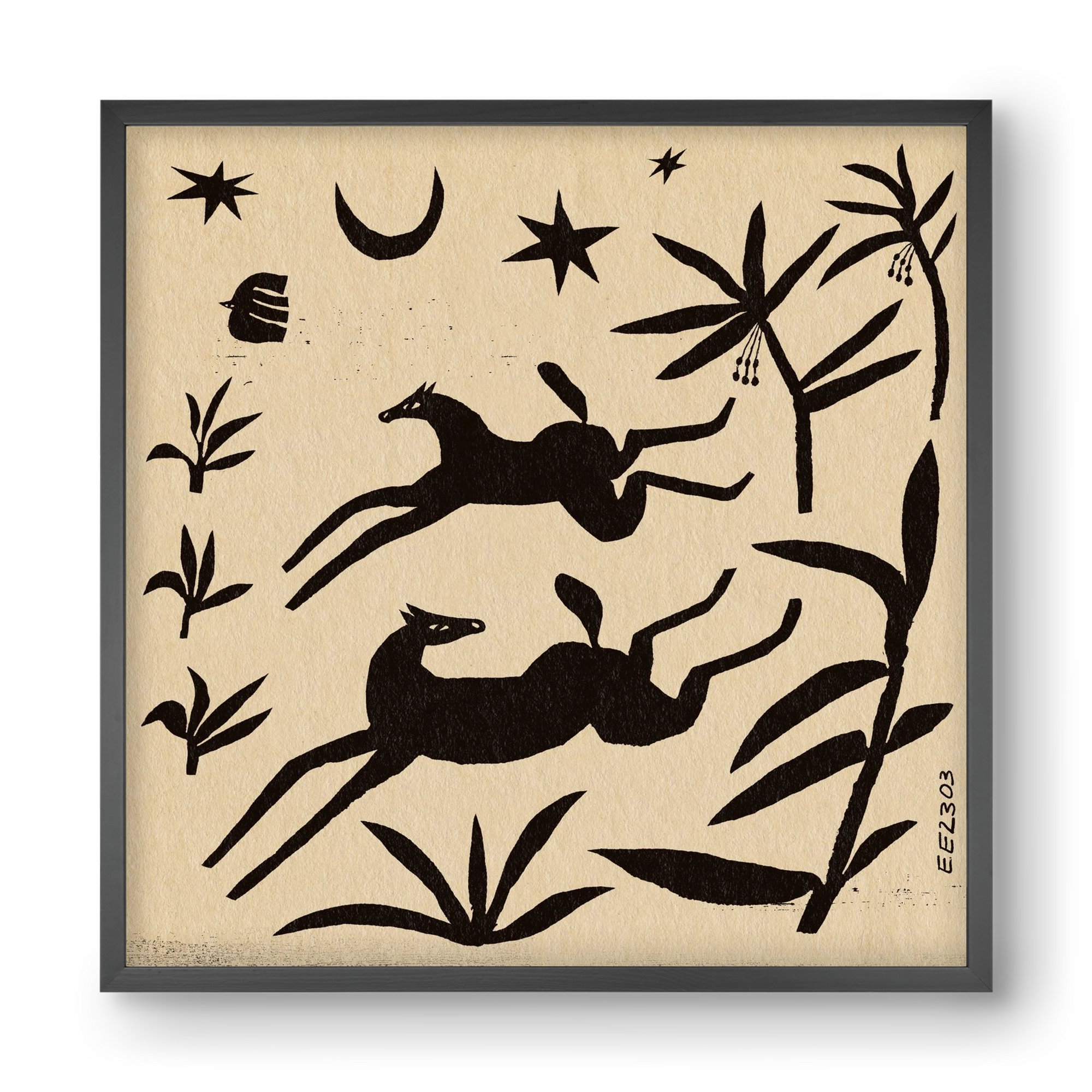 Black papercut horse composition , 40x40 cm (40x40 cm), Fekete keret