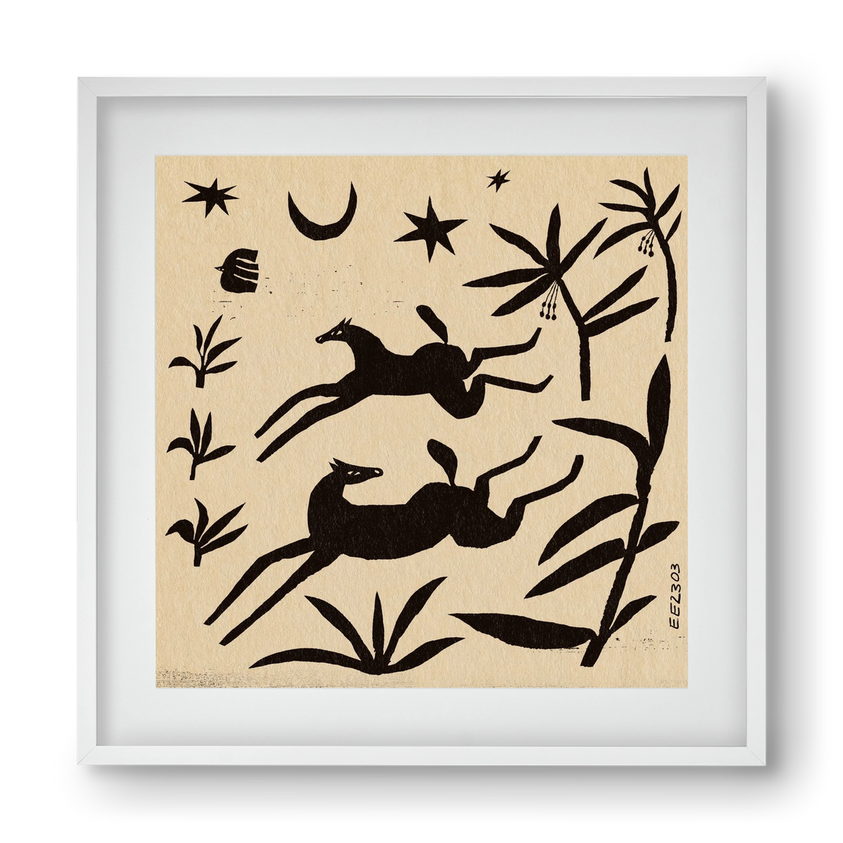 Black papercut horse composition , 40x40 cm (30x30 cm), Fehér keret, paszpartuval