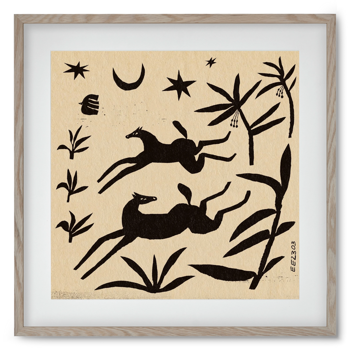 Black papercut horse composition , 50x50 cm (40x40 cm), Tölgy keret, paszpartuval