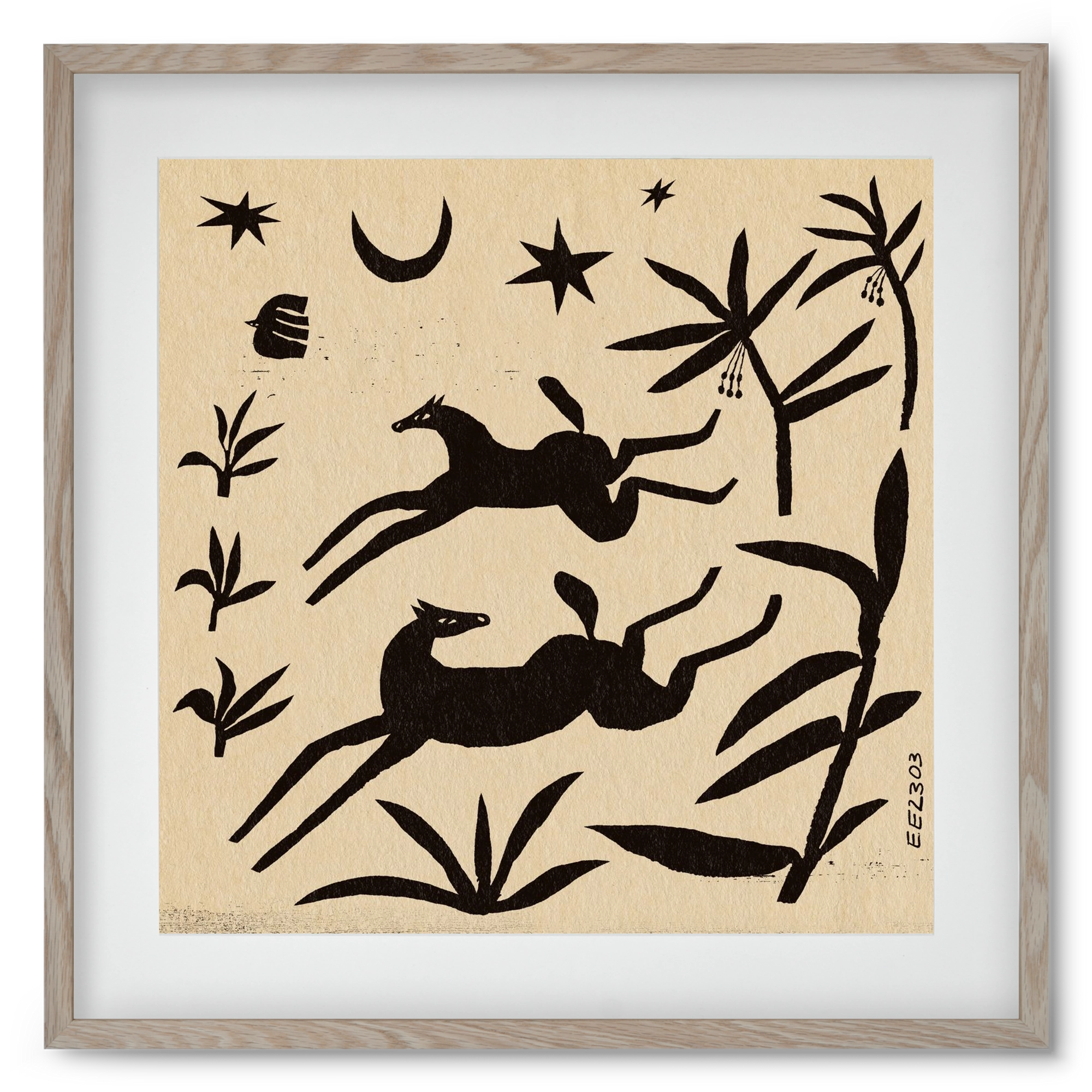 Black papercut horse composition , 50x50 cm (40x40 cm), Tölgy keret, paszpartuval