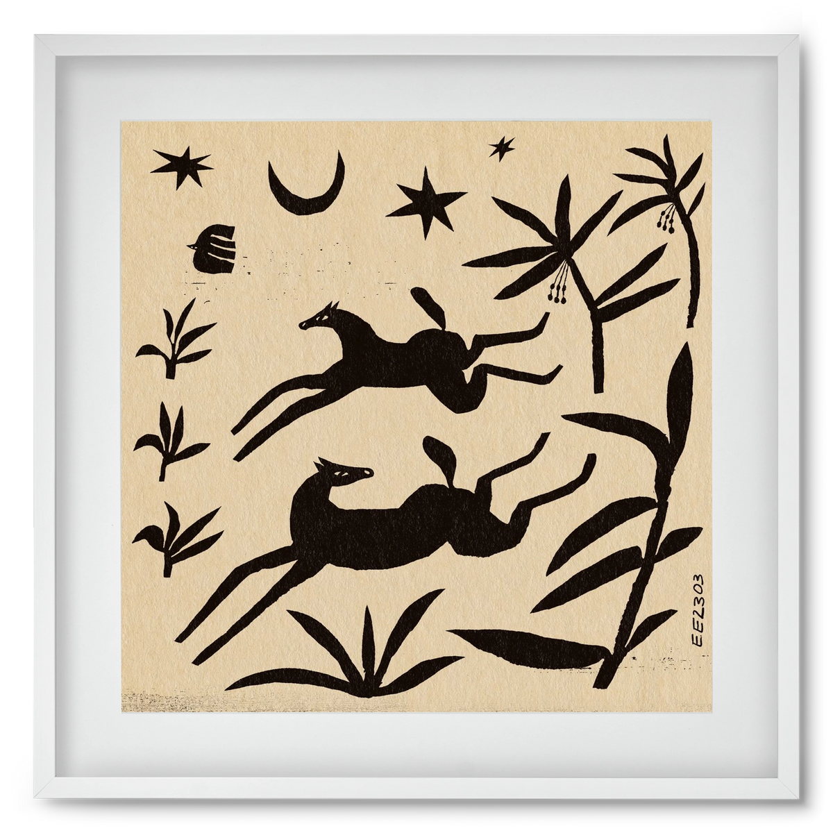 Black papercut horse composition , 50x50 cm (40x40 cm), Fehér keret, paszpartuval