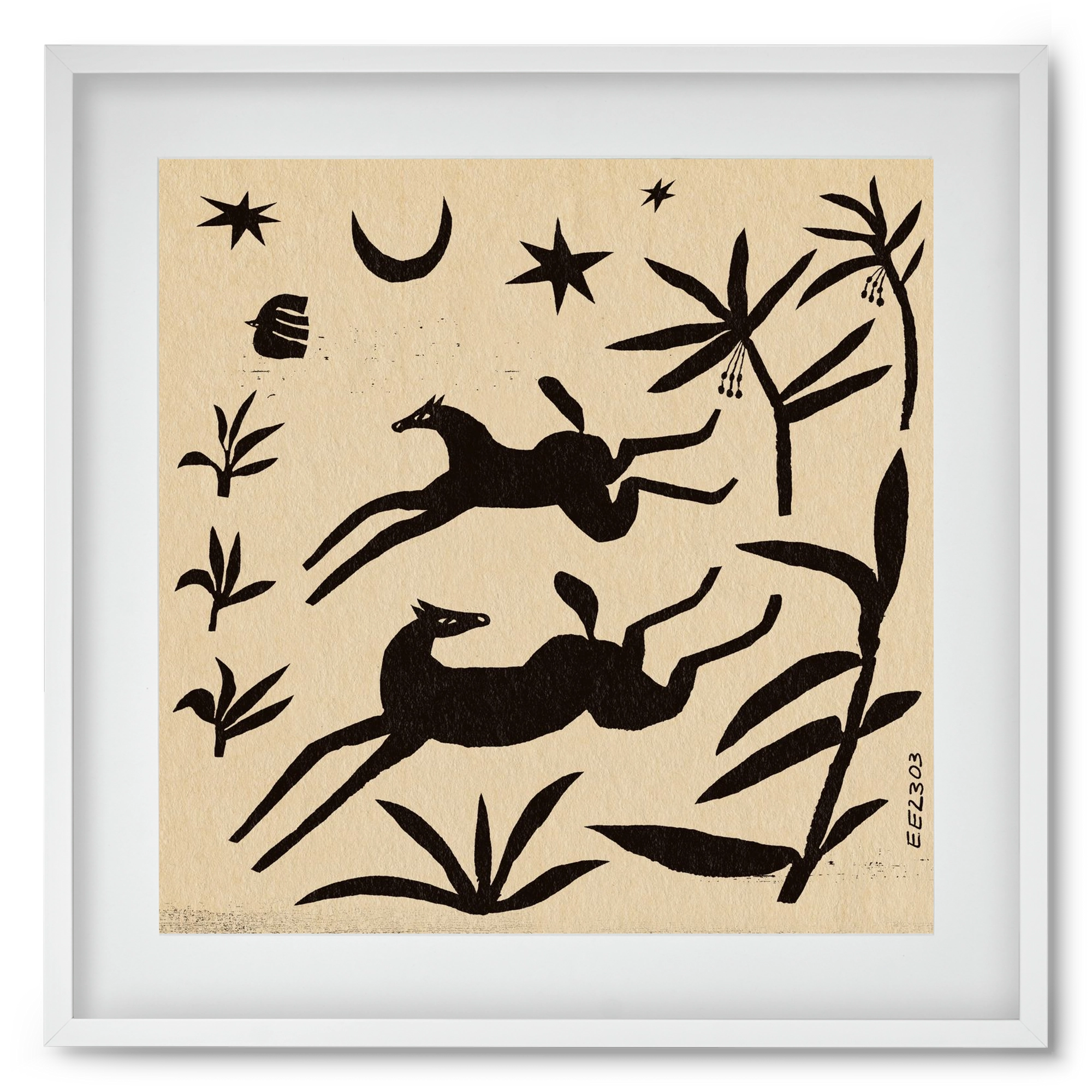 Black papercut horse composition , 50x50 cm (40x40 cm), Fehér keret, paszpartuval