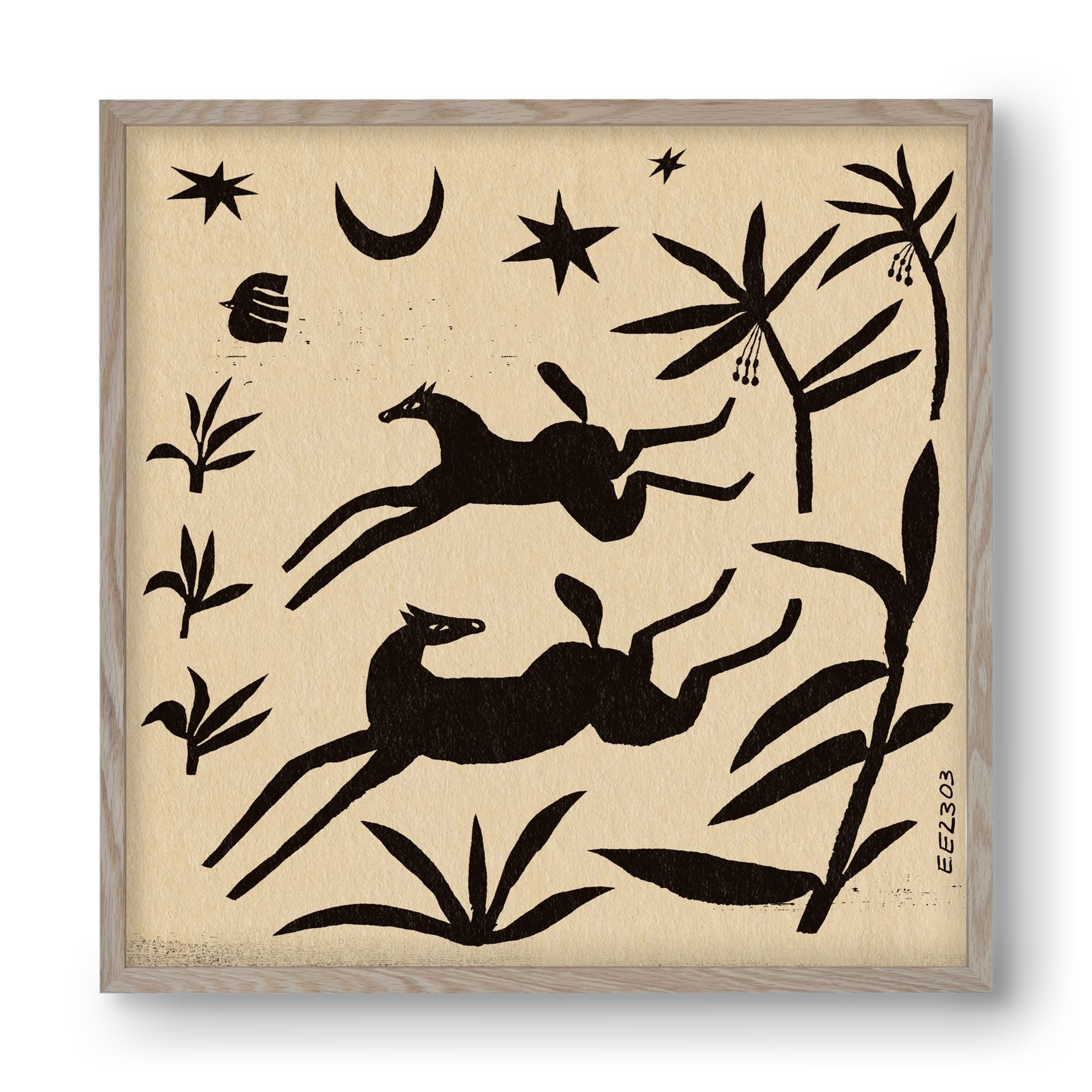 Black papercut horse composition , 40x40 cm (40x40 cm), Tölgy keret