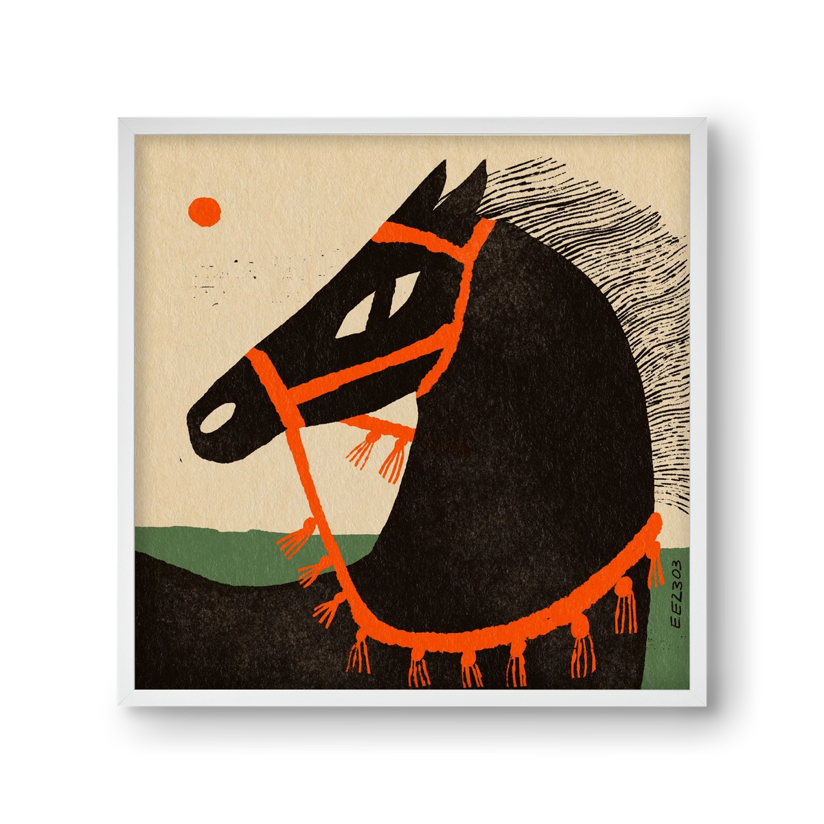 Black horse portrait, 30x30 cm (30x30 cm), Fehér keret