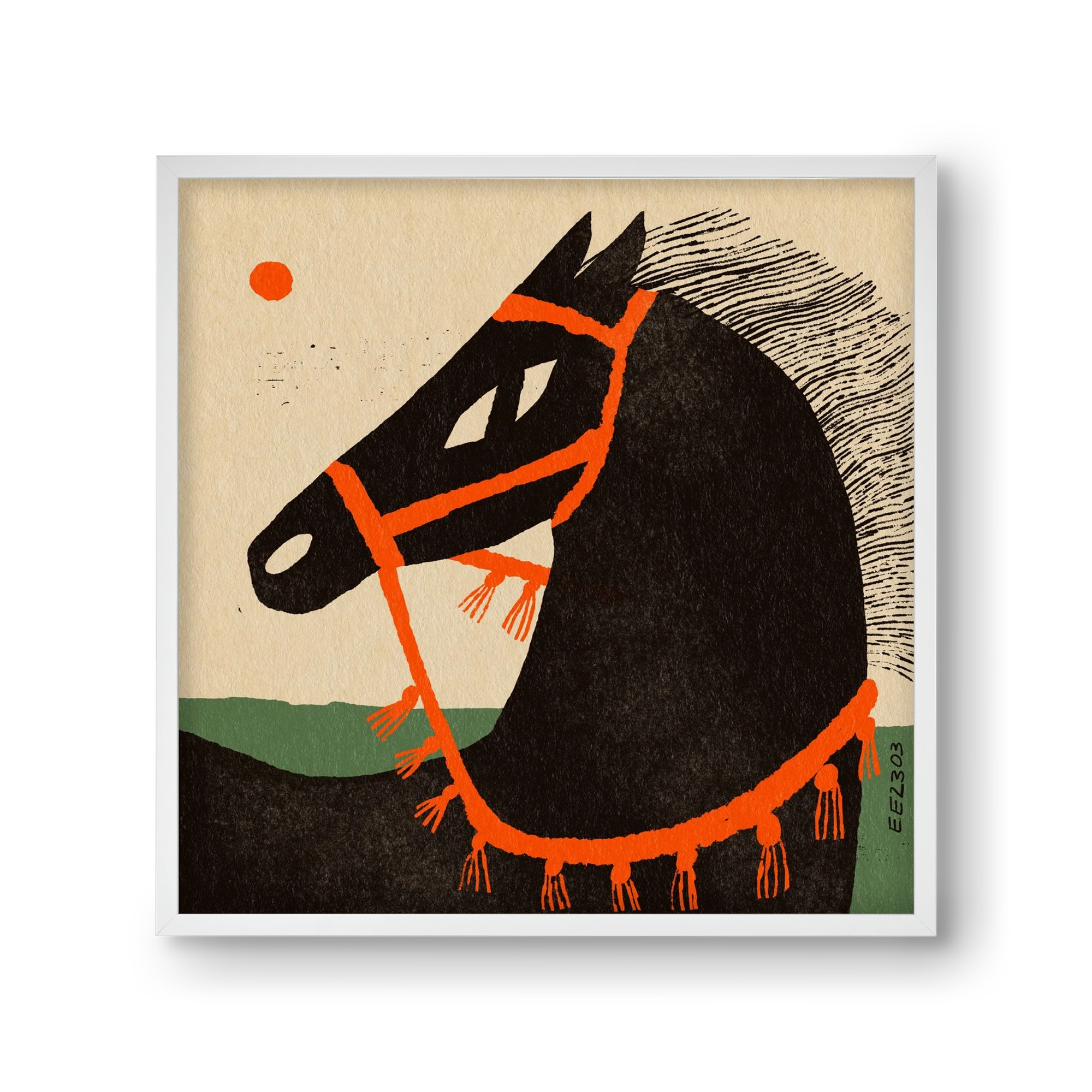 Black horse portrait, 30x30 cm (30x30 cm), Fehér keret