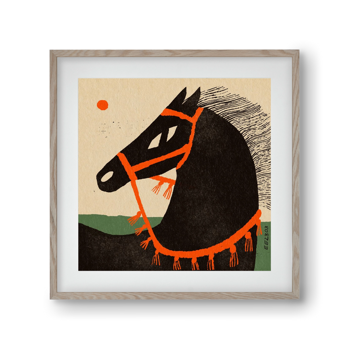 Black horse portrait, 30x30 cm (20x20 cm), Tölgy keret, paszpartuval