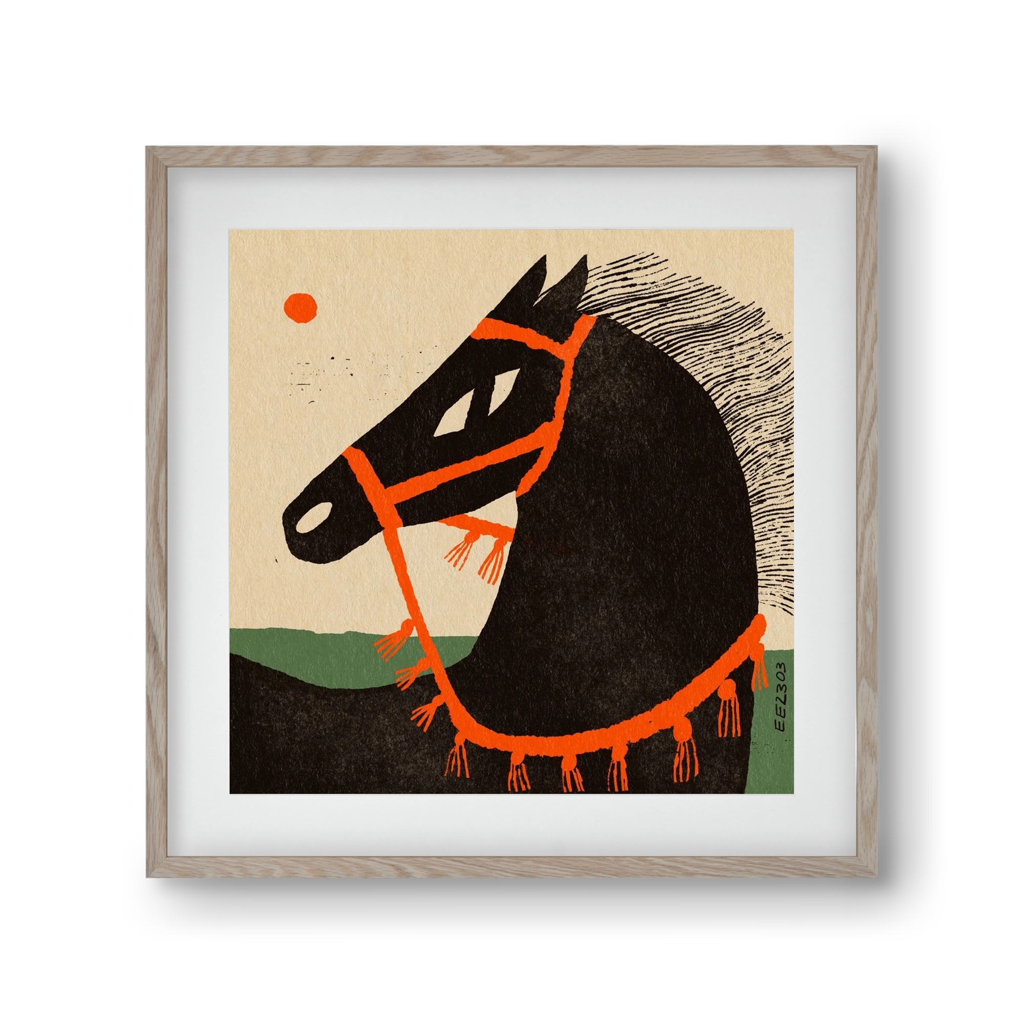 Black horse portrait, 30x30 cm (20x20 cm), Tölgy keret, paszpartuval