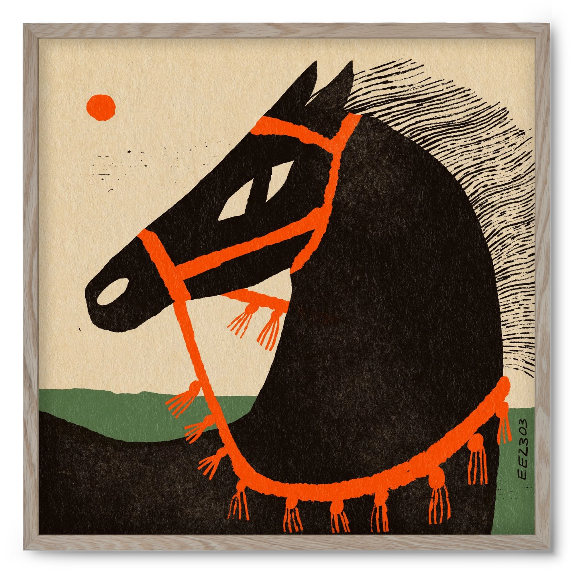 Black horse portrait, 50x50 cm (50x50 cm), Tölgy keret