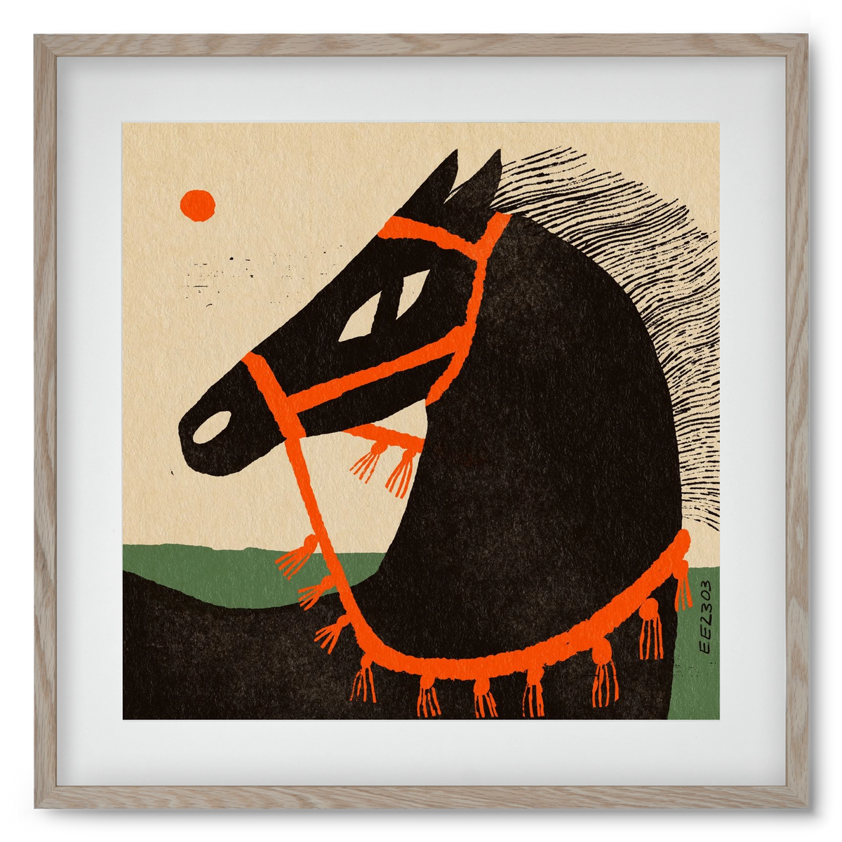 Black horse portrait, 50x50 cm (40x40 cm), Tölgy keret, paszpartuval