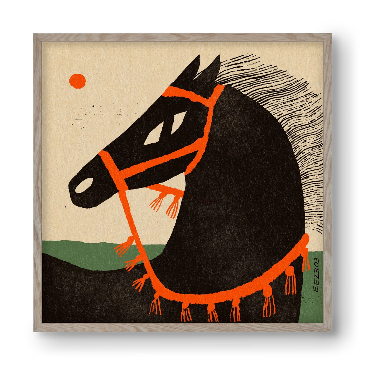 Black horse portrait, 40x40 cm (40x40 cm), Tölgy keret