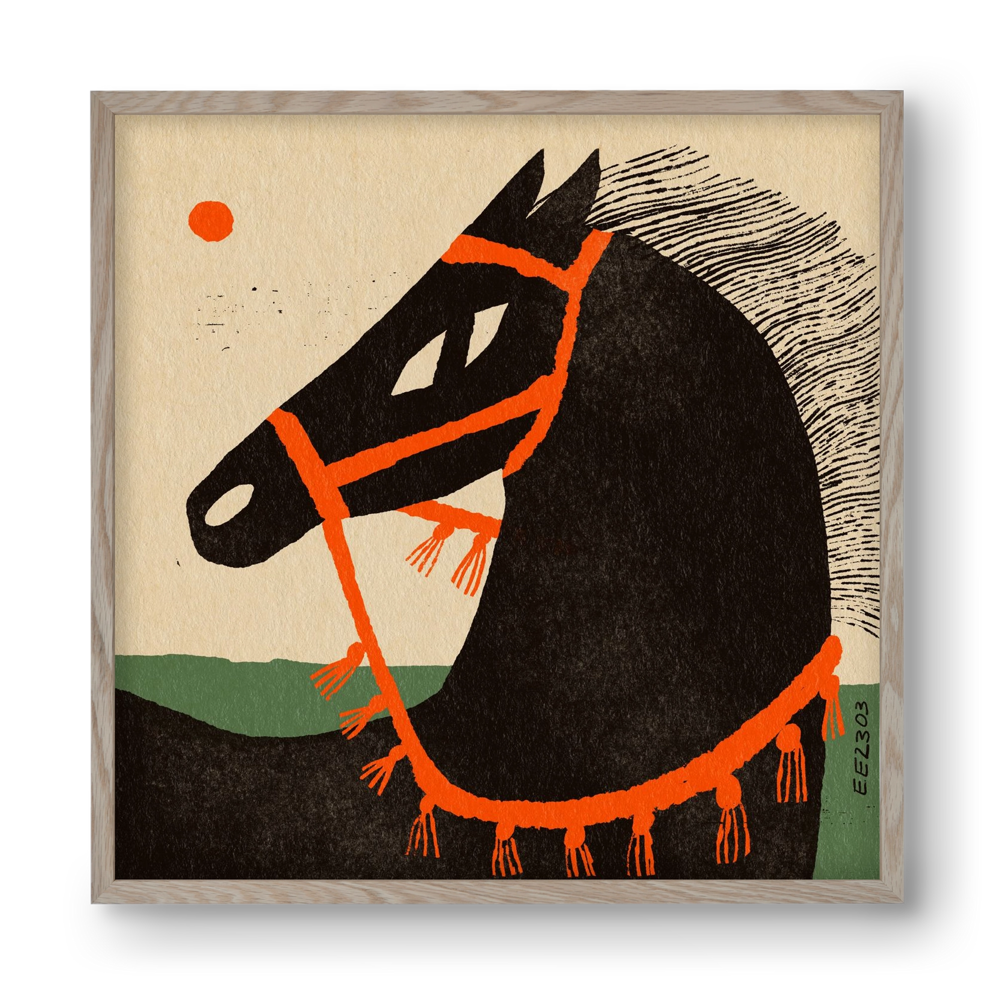 Black horse portrait, 40x40 cm (40x40 cm), Tölgy keret