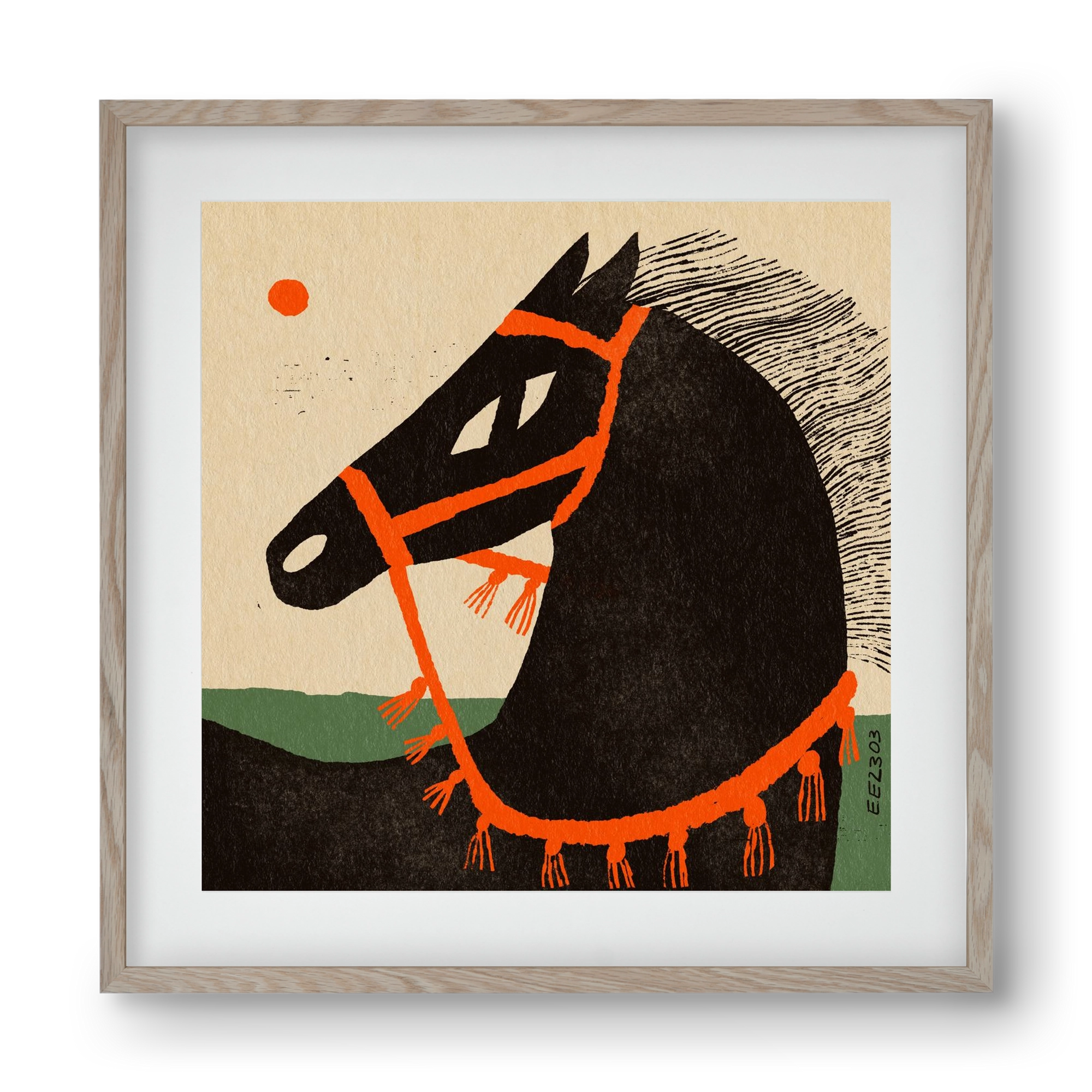 Black horse portrait, 40x40 cm (30x30 cm), Tölgy keret, paszpartuval