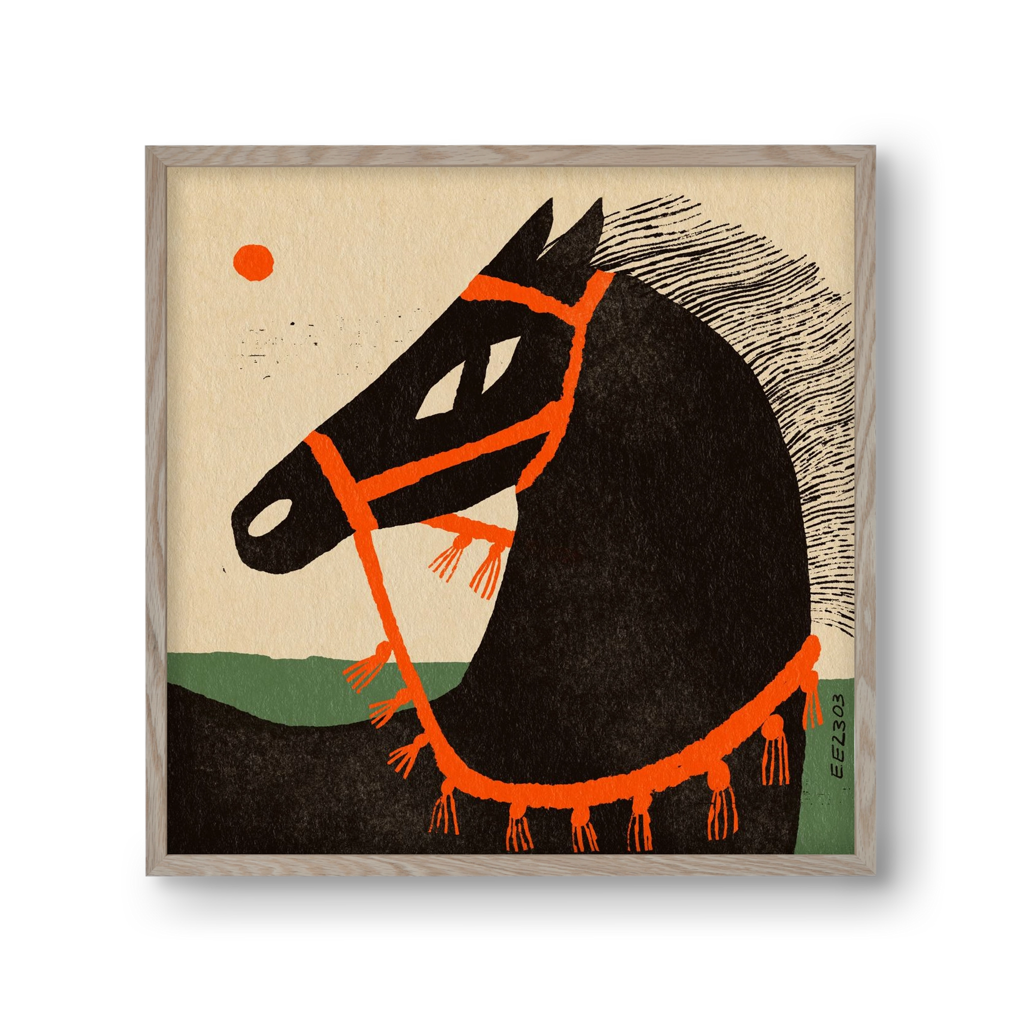 Black horse portrait, 30x30 cm (30x30 cm), Tölgy keret