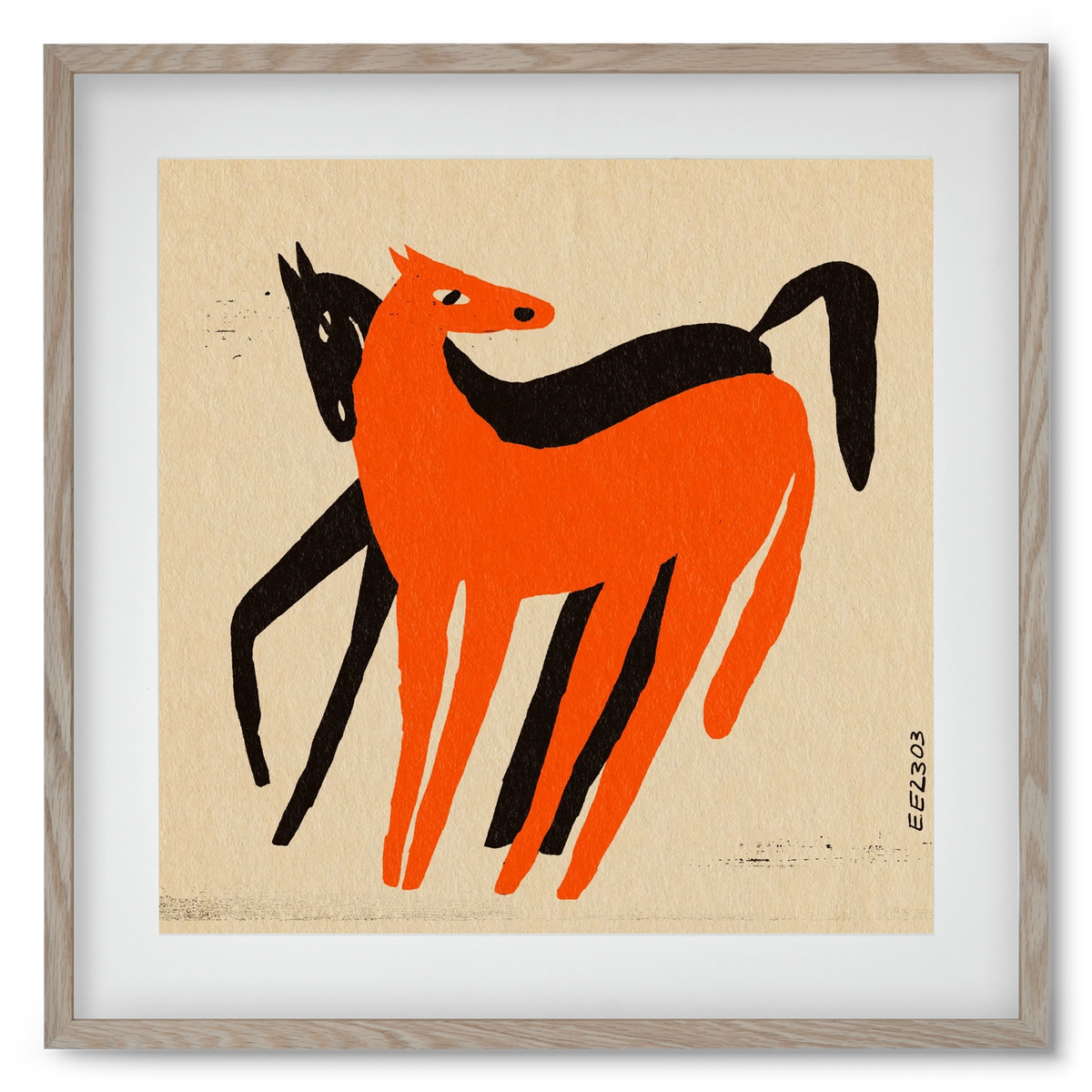 Orange and black horse , 50x50 cm (40x40 cm), Tölgy keret, paszpartuval