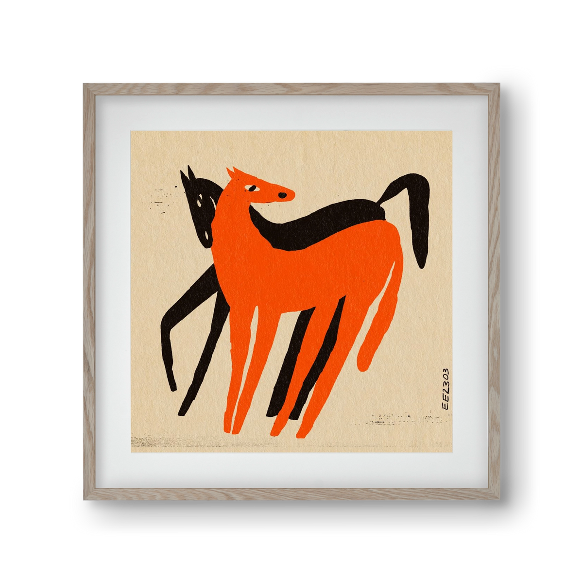 Orange and black horse , 30x30 cm (20x20 cm), Tölgy keret, paszpartuval