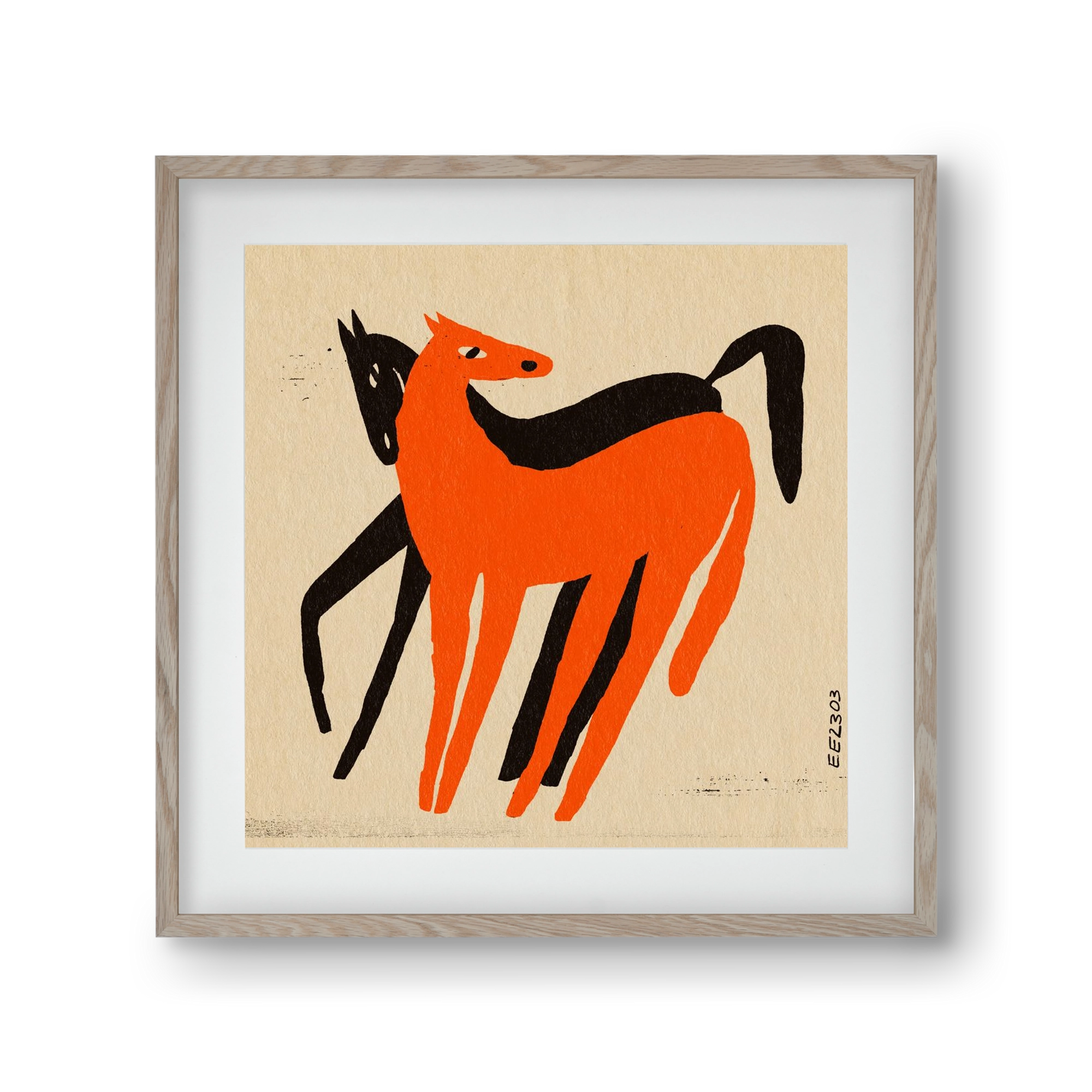 Orange and black horse , 30x30 cm (20x20 cm), Tölgy keret, paszpartuval