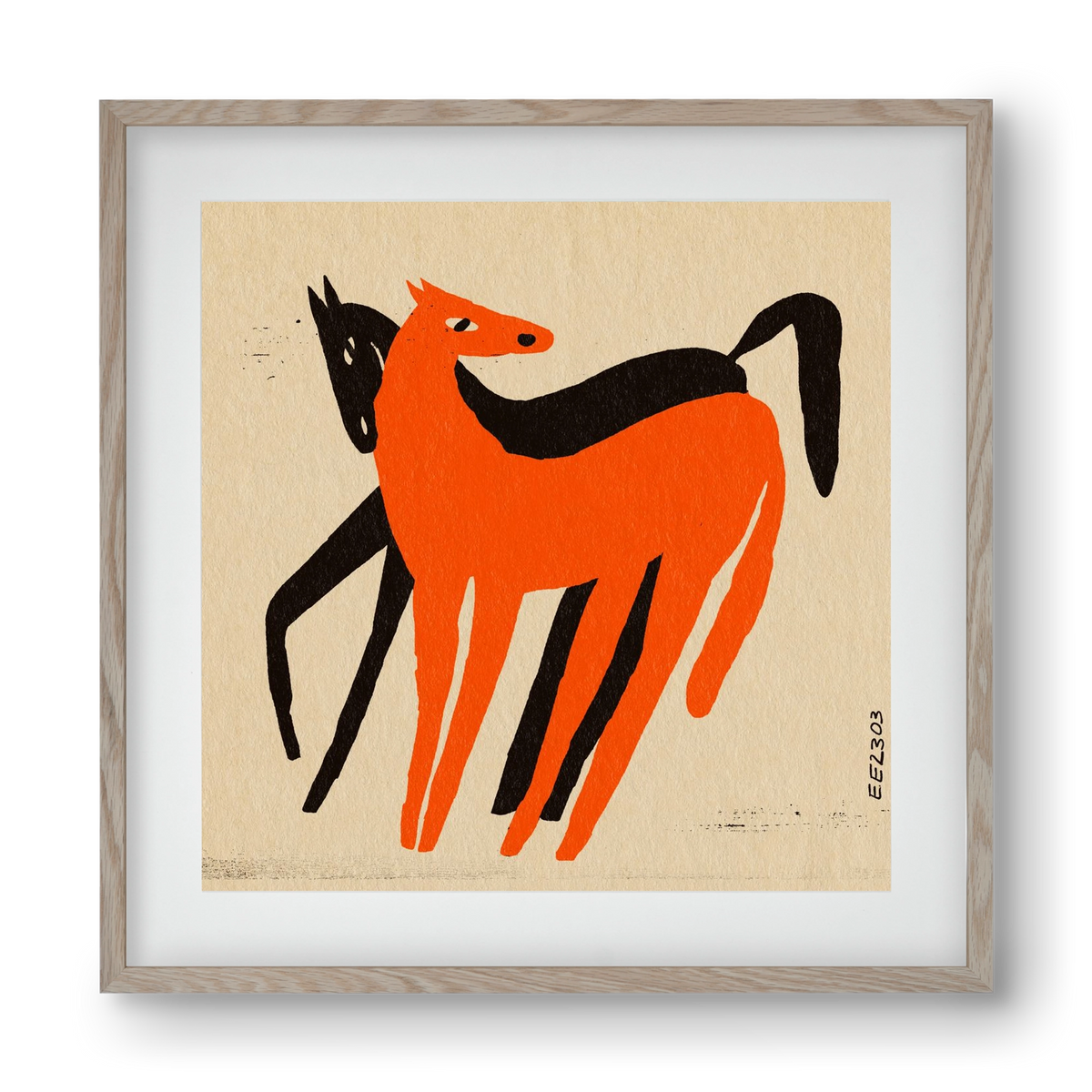 Orange and black horse , 40x40 cm (30x30 cm), Tölgy keret, paszpartuval