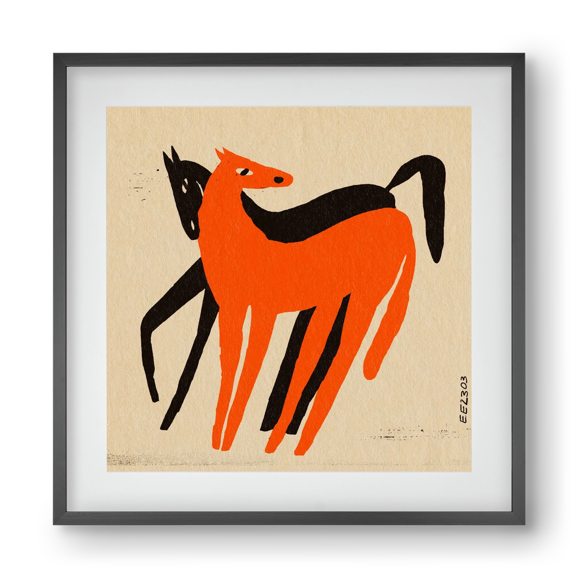 Orange and black horse , 40x40 cm (30x30 cm), Fekete keret, paszpartuval