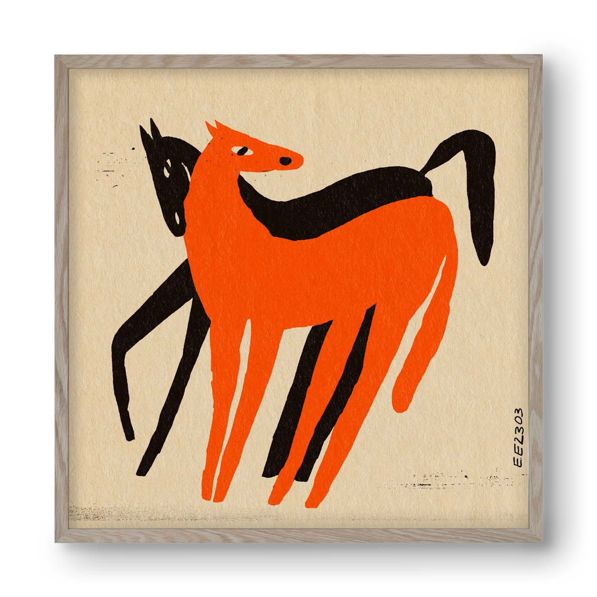 Orange and black horse , 40x40 cm (40x40 cm), Tölgy keret