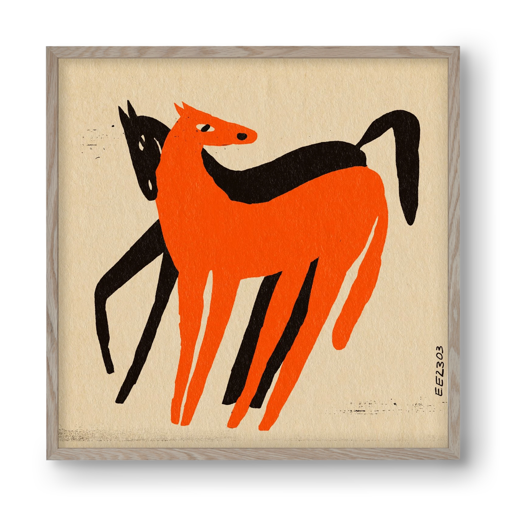 Orange and black horse , 40x40 cm (40x40 cm), Tölgy keret