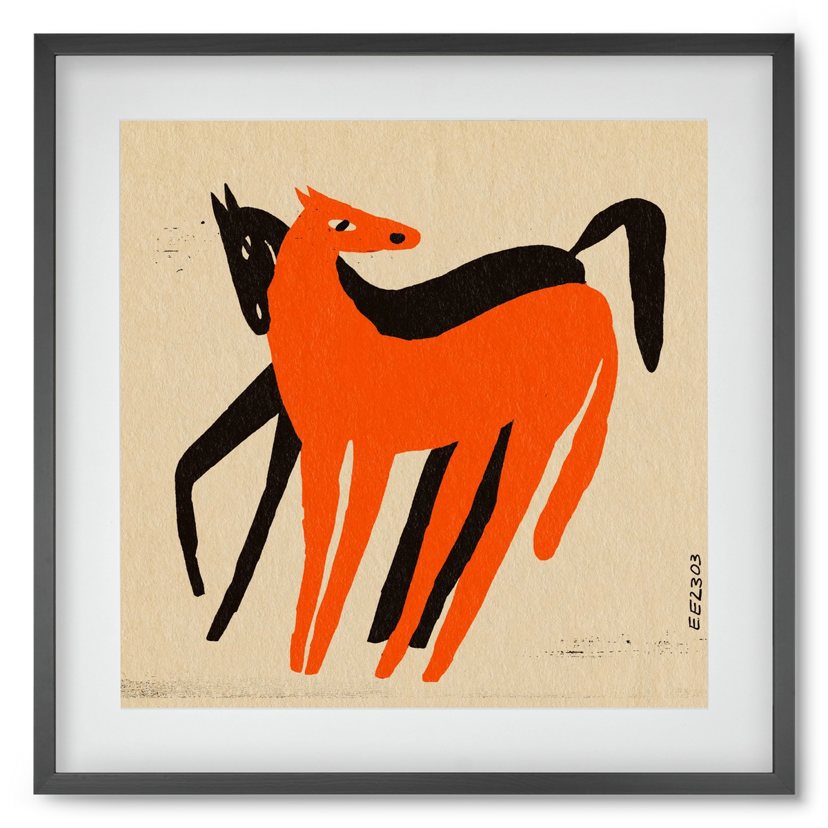 Orange and black horse , 50x50 cm (40x40 cm), Fekete keret, paszpartuval