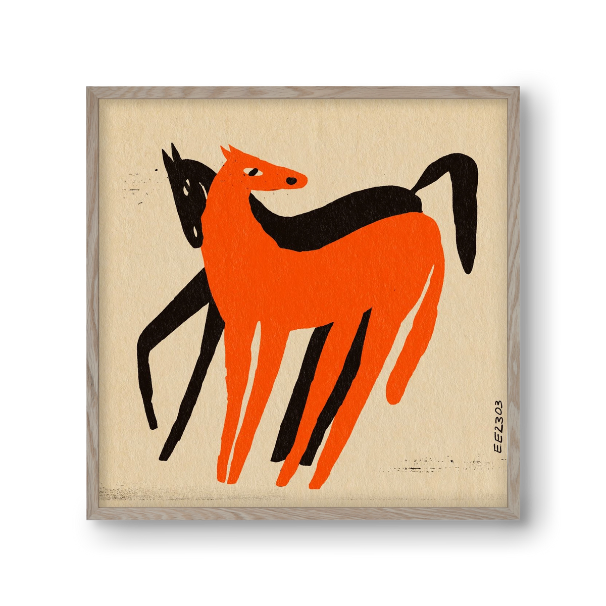Orange and black horse , 30x30 cm (30x30 cm), Tölgy keret