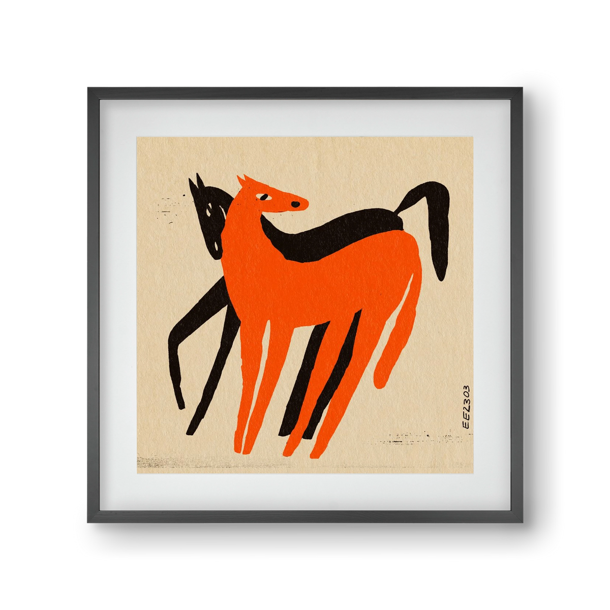 Orange and black horse , 30x30 cm (20x20 cm), Fekete keret, paszpartuval