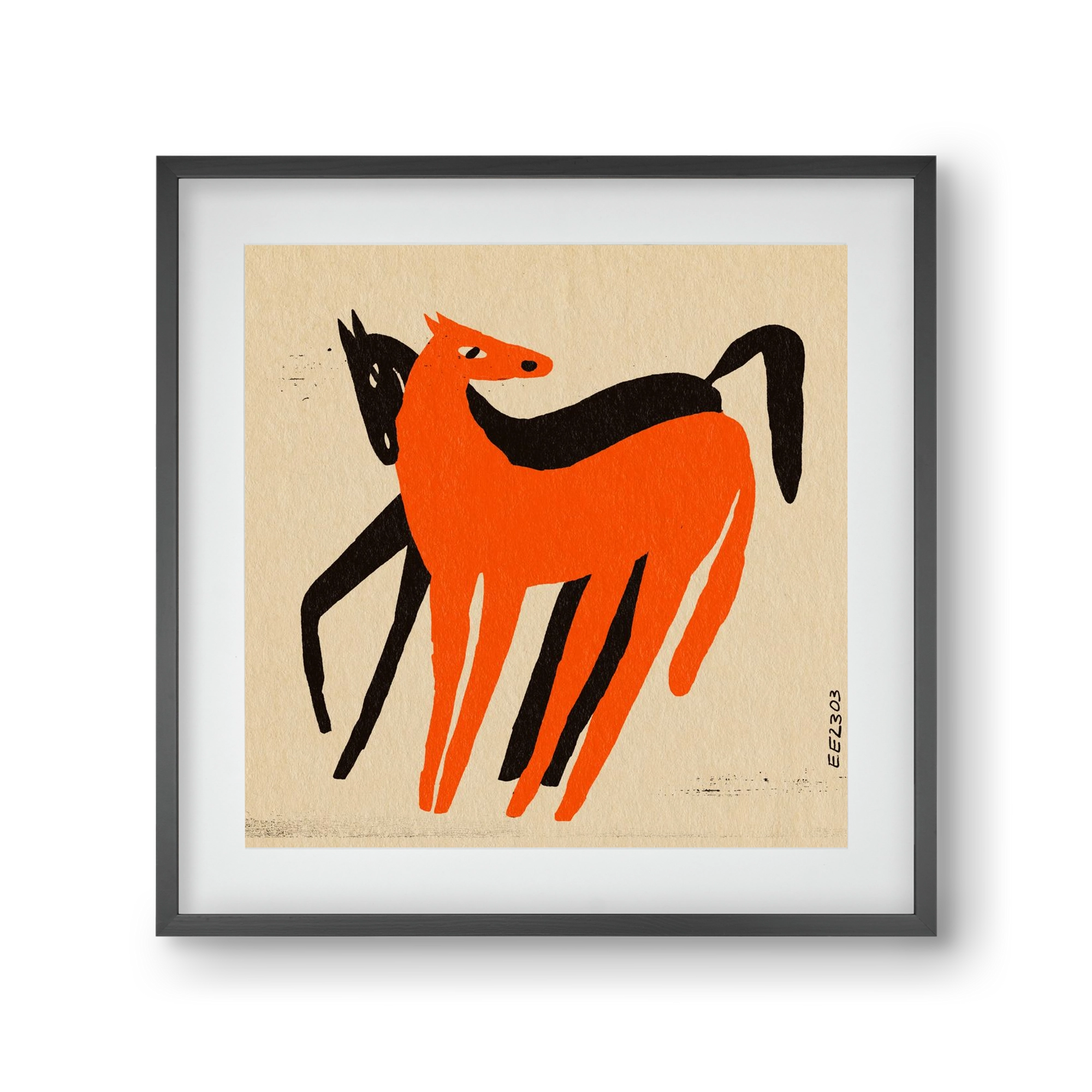 Orange and black horse , 30x30 cm (20x20 cm), Fekete keret, paszpartuval