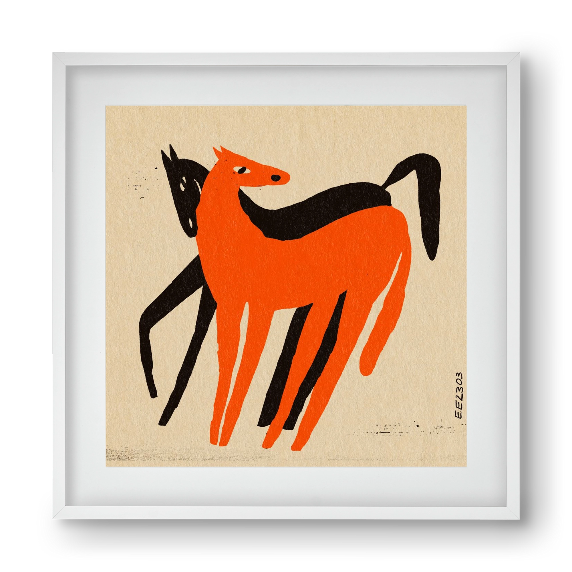 Orange and black horse , 40x40 cm (30x30 cm), Fehér keret, paszpartuval