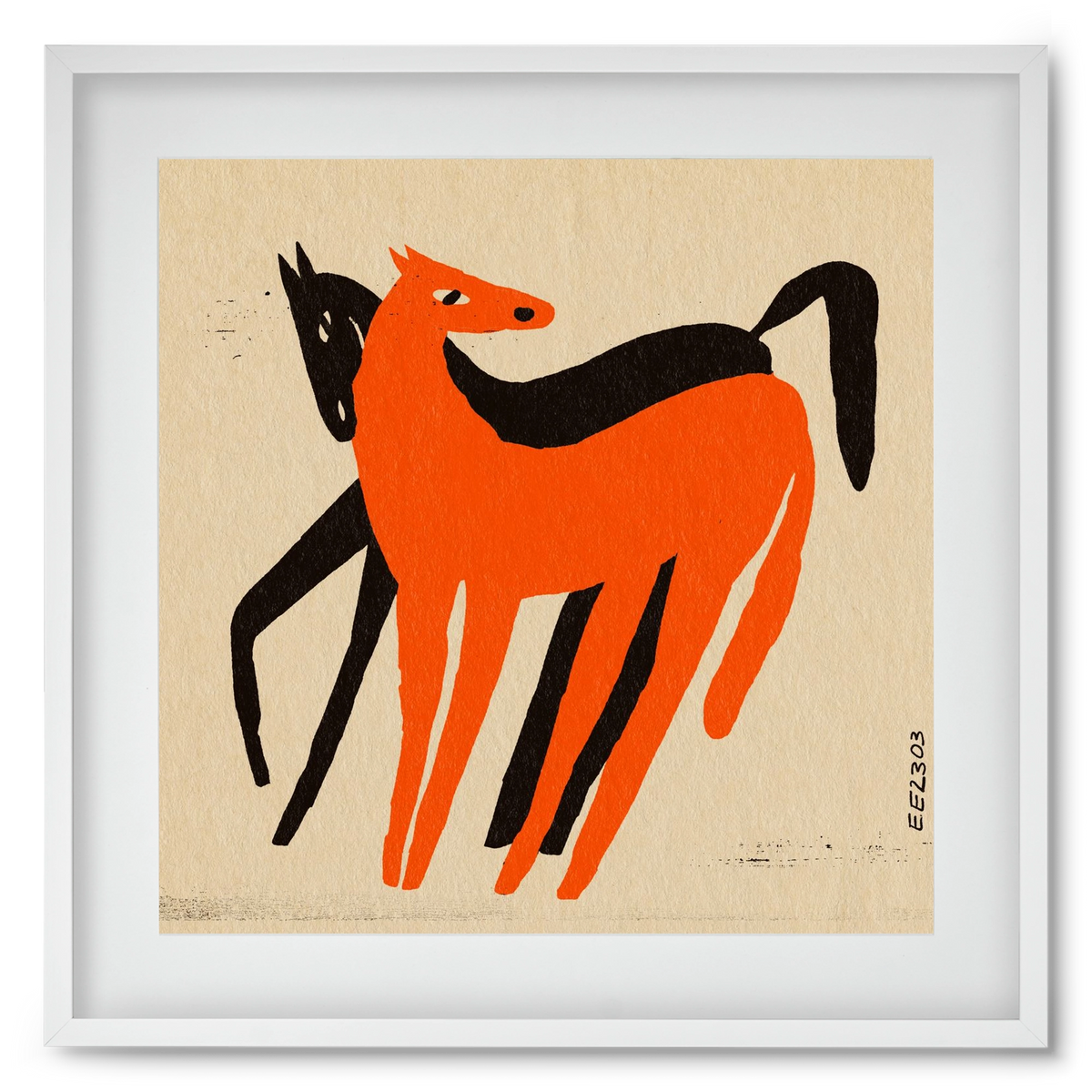 Orange and black horse , 50x50 cm (40x40 cm), Fehér keret, paszpartuval