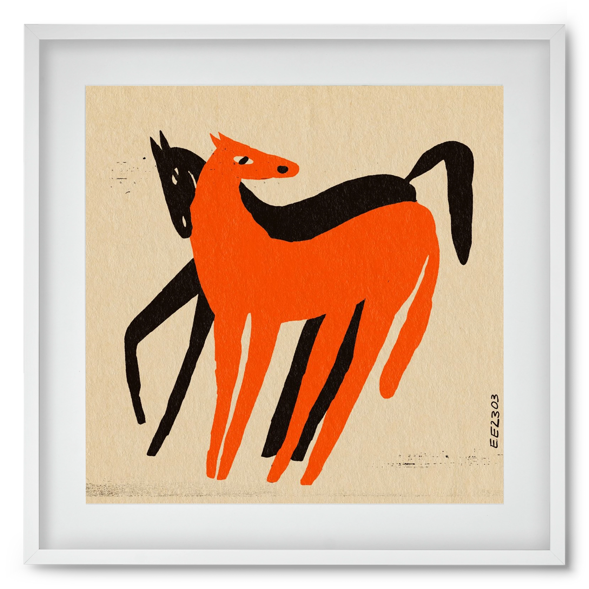 Orange and black horse , 50x50 cm (40x40 cm), Fehér keret, paszpartuval