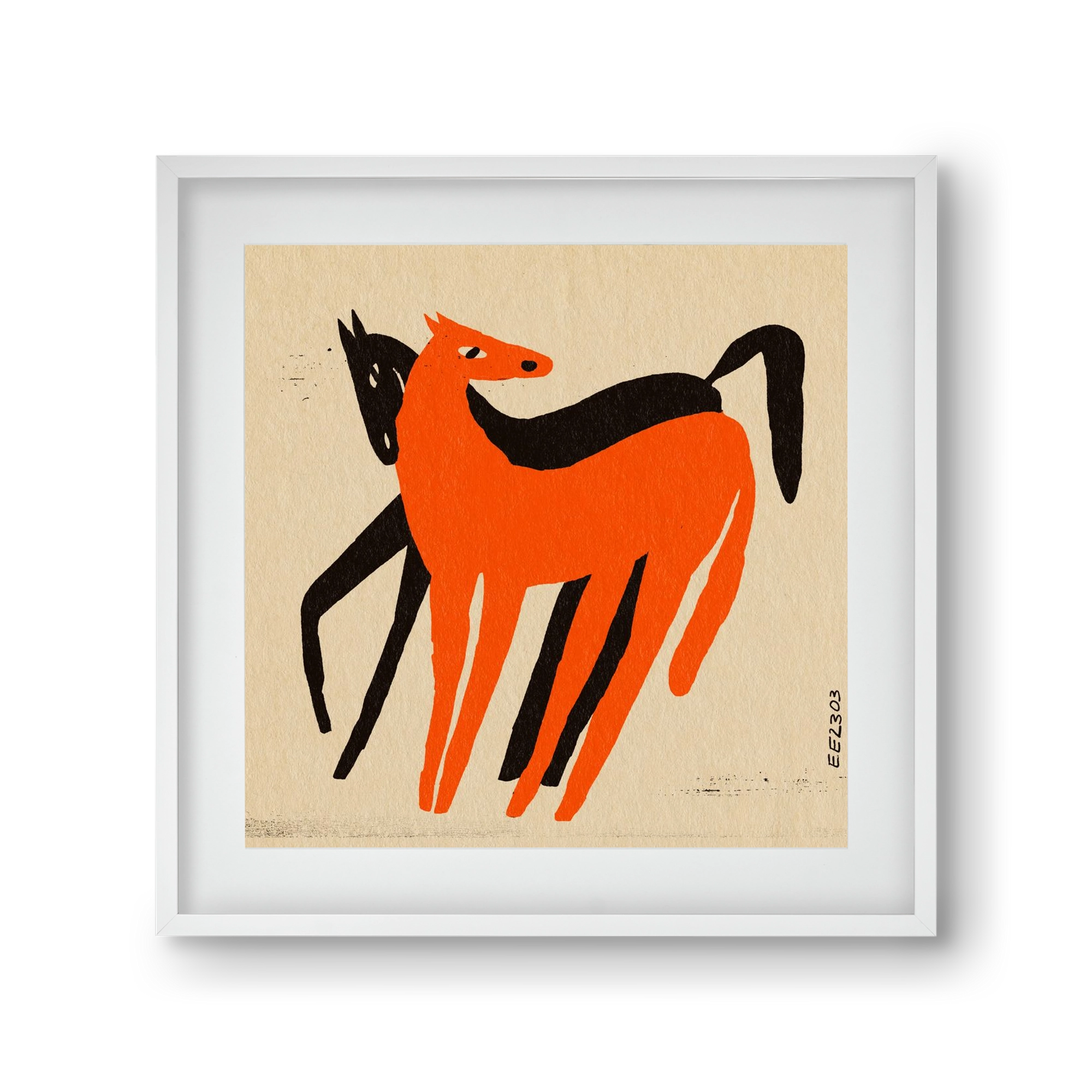 Orange and black horse , 30x30 cm (20x20 cm), Fehér keret, paszpartuval