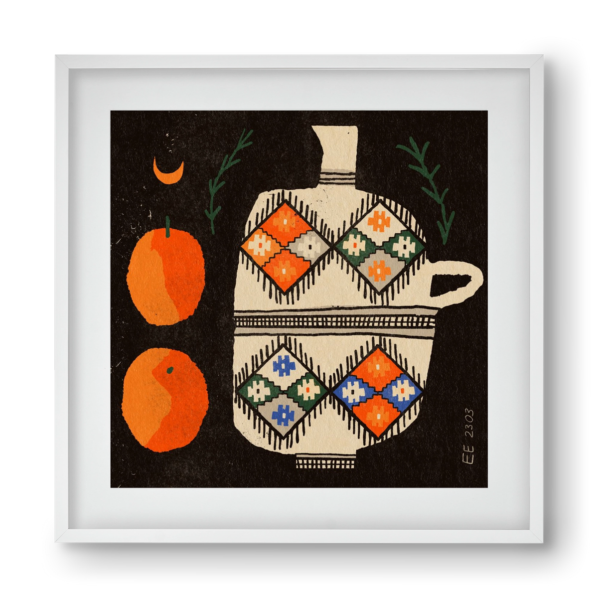 Bedouin patterned vase with clementines , 40x40 cm (30x30 cm), Fehér keret, paszpartuval